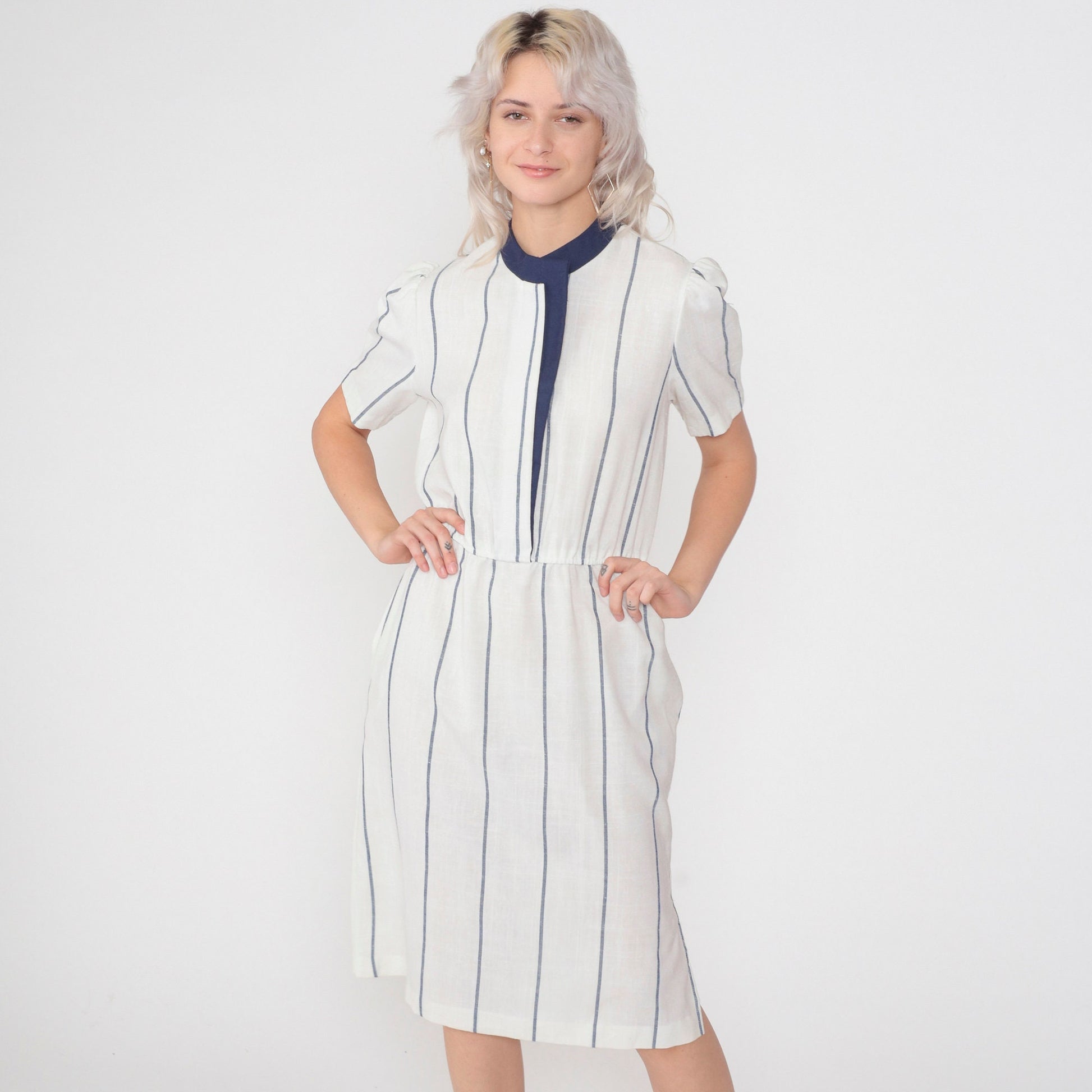 80s White Striped Midi Dress Navy Trim Puff Sleeve High Waist Large L