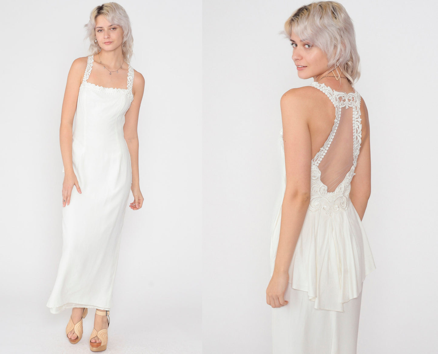 80s Scott McClintock White Maxi Dress Floral Lace Open Back Peplum Small
