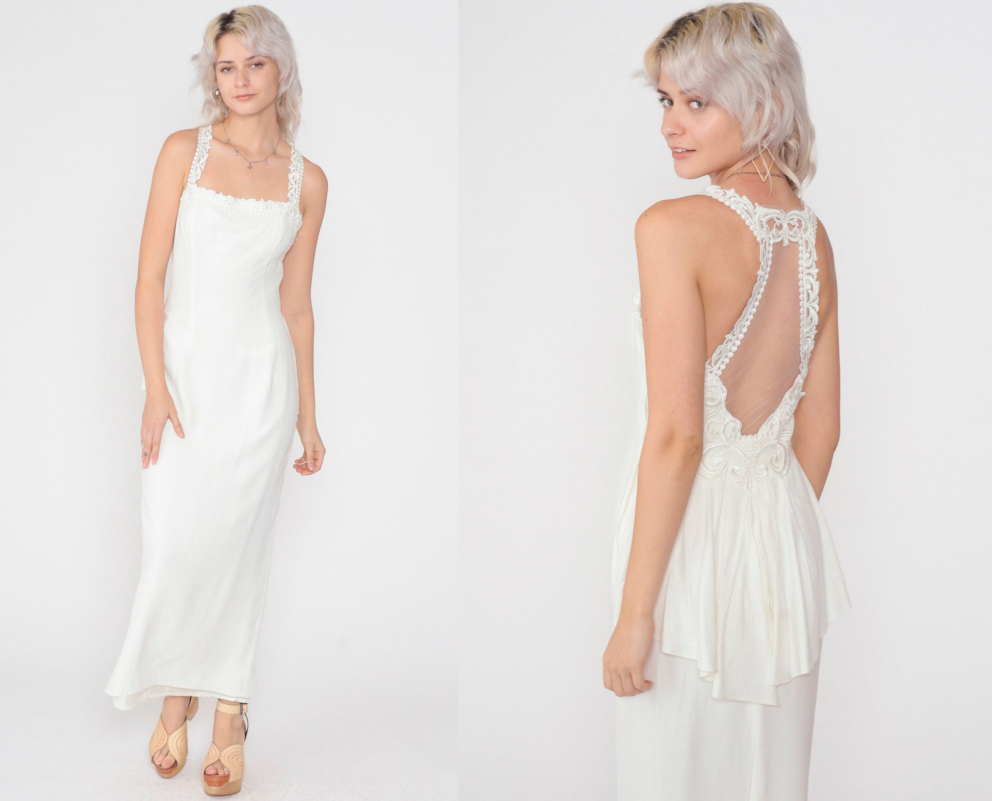 80s Scott McClintock White Maxi Dress Floral Lace Open Back Peplum Small