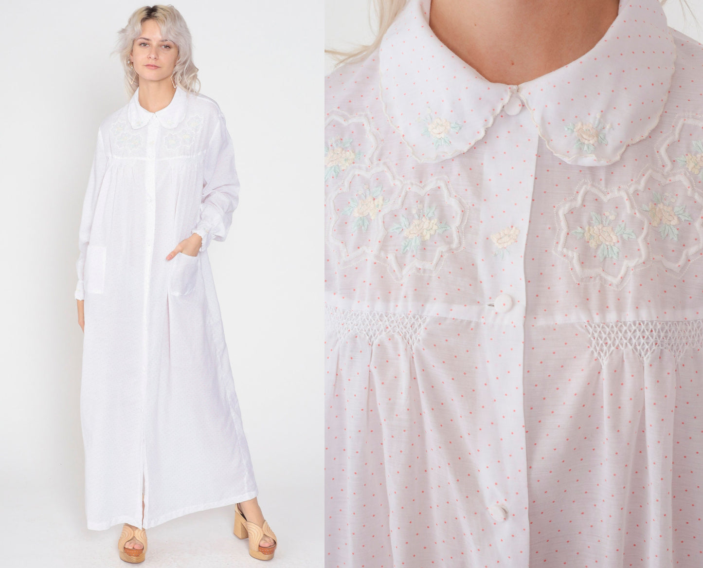 80s White Floral Embroidered Maxi Nightgown Long Sleeve Button Front Large L