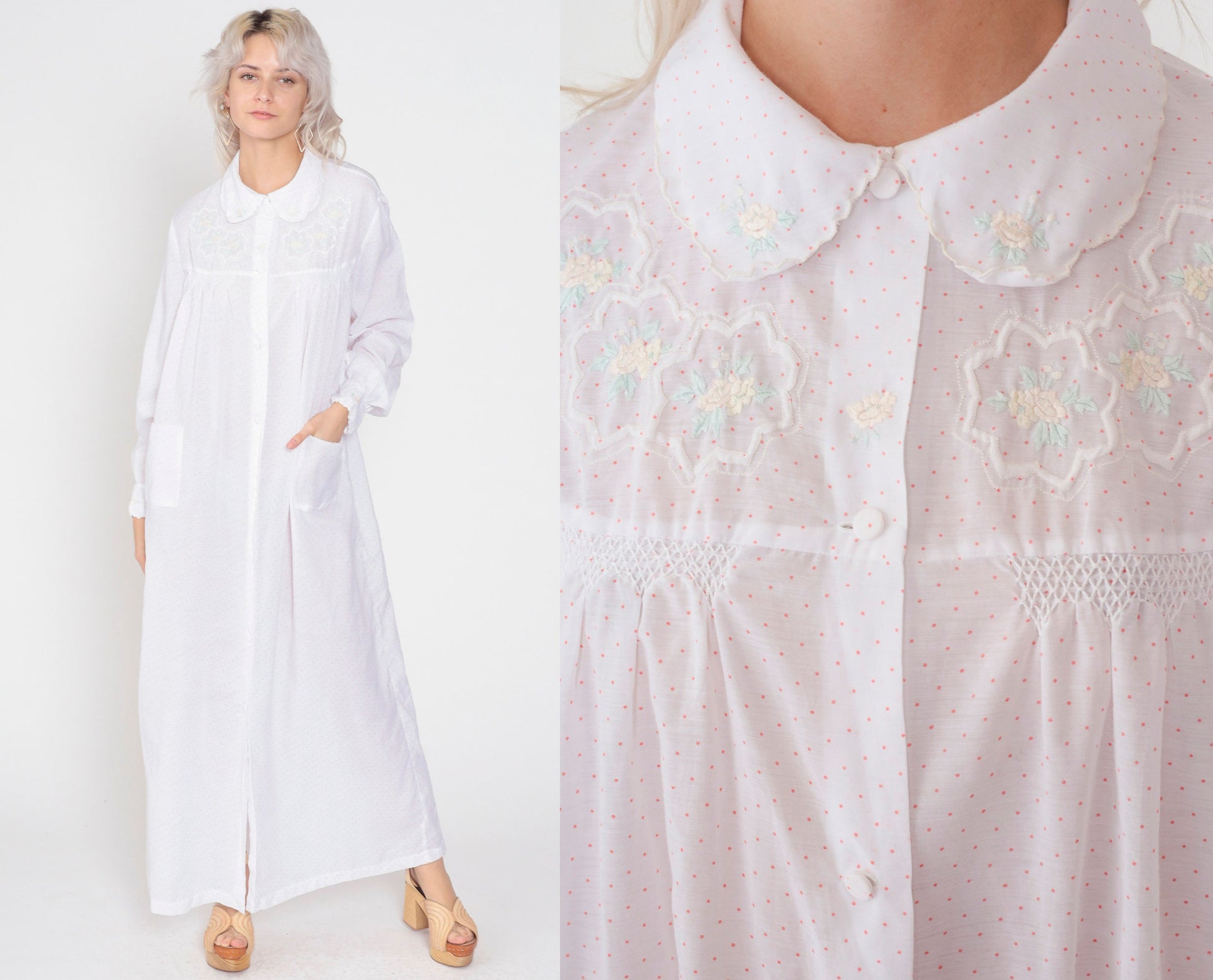 80s White Floral Embroidered Maxi Nightgown Long Sleeve Button Front Large L