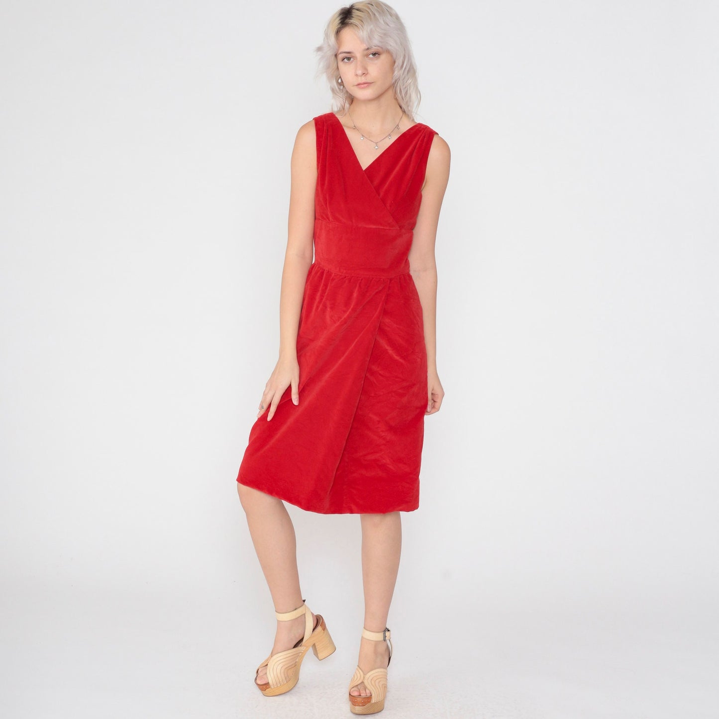60s Red Velvet Mini Dress Empire Waist V-Neck Sleeveless Extra Small