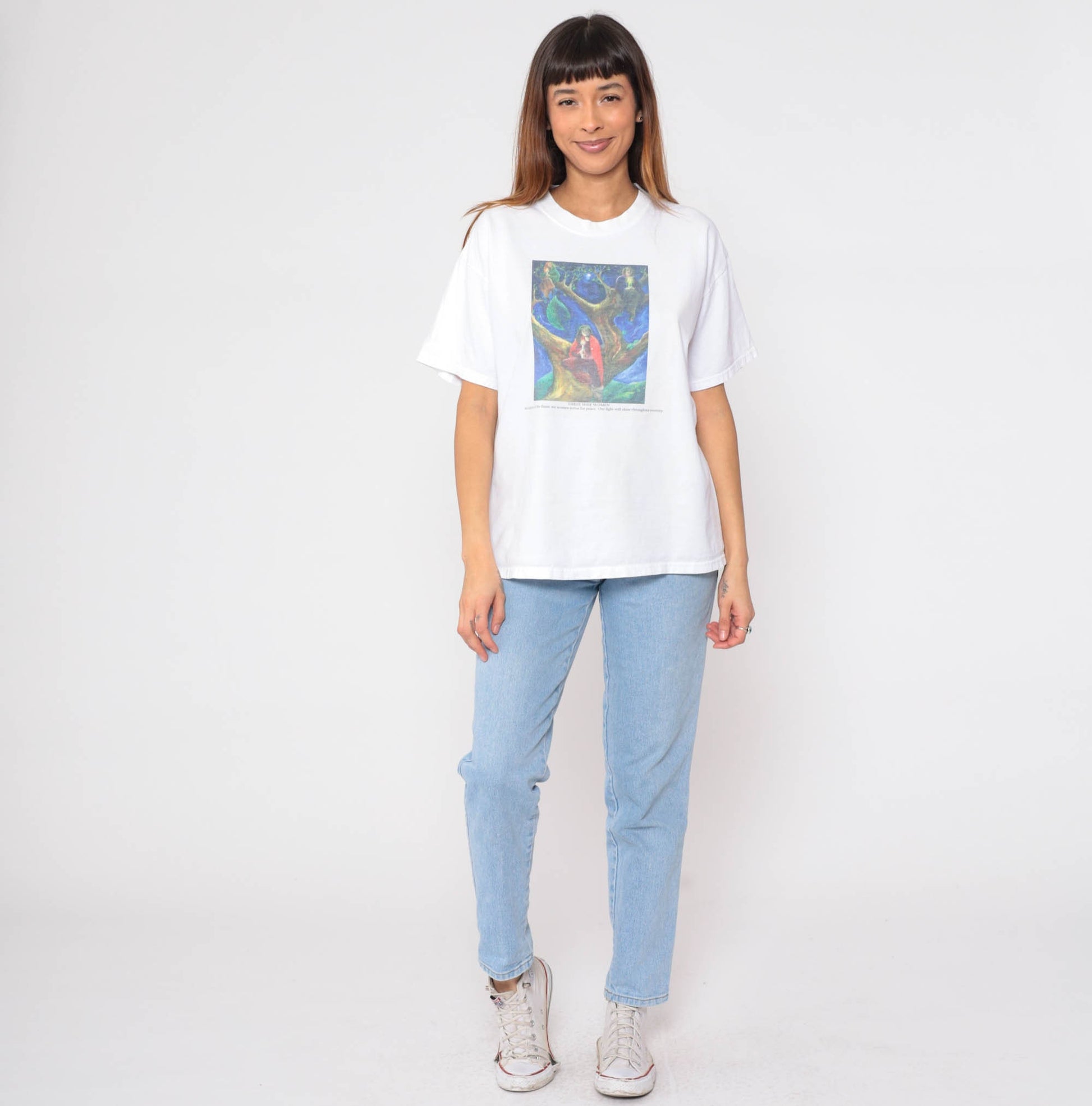 90s Three Wise Women Graphic T-Shirt White Feminist Slogan Large L