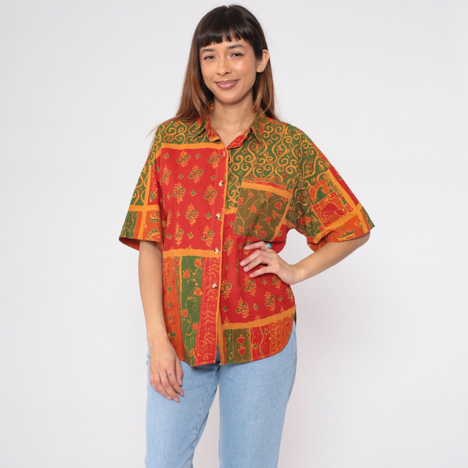 90s Indian Floral Button-Up Shirt Cotton Short Sleeve Collared Top Large