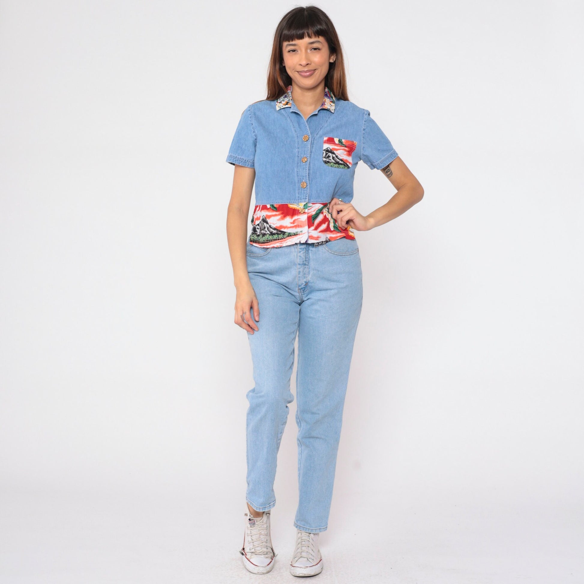 90s Blue Denim Crop Top Tropical Mountain Floral Print Button-Up Medium