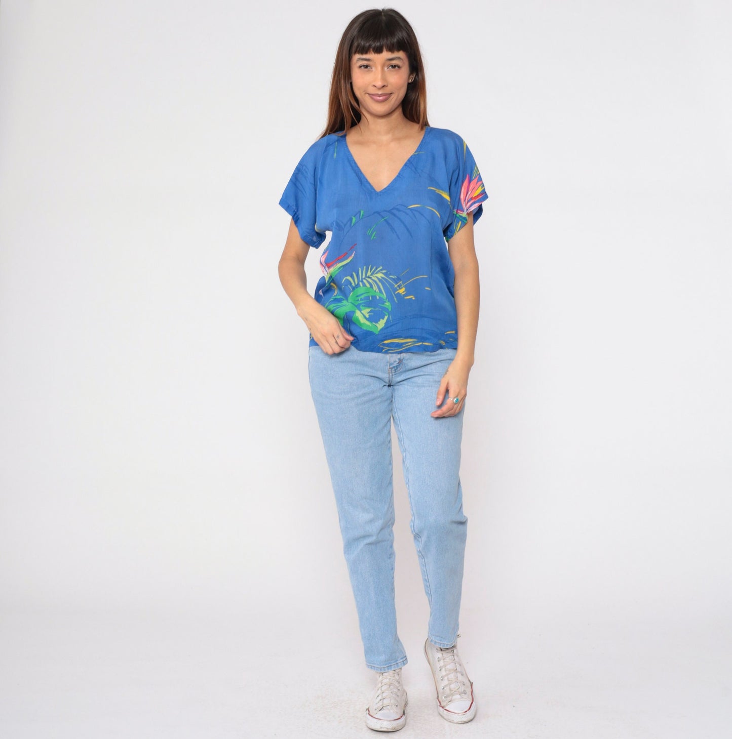 90s Tropical Floral Leaf Print Blouse Blue V-Neck Short Sleeve Medium M