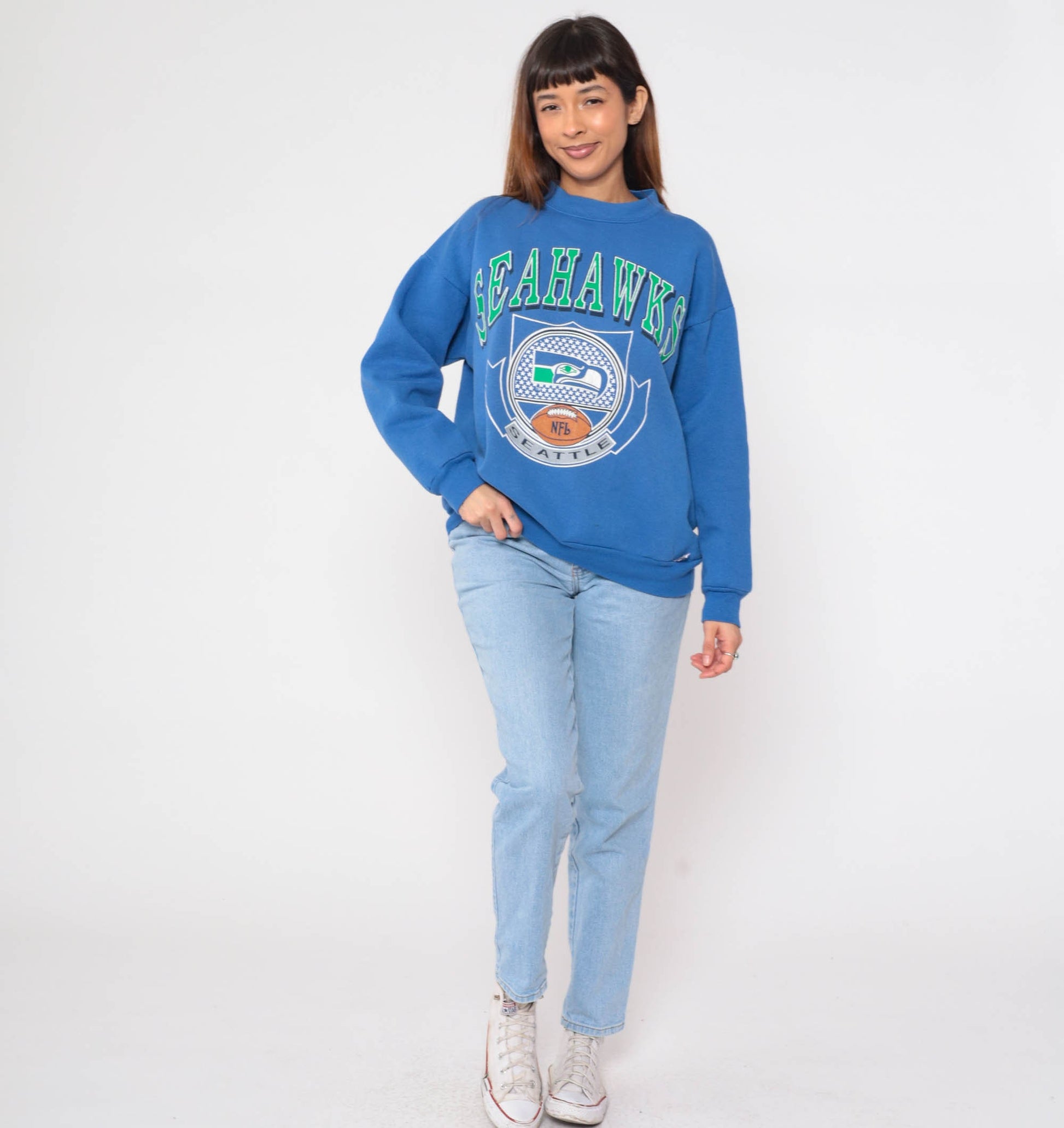 90s Seattle Seahawks NFL Sweatshirt Blue Crewneck Logo 7 Large