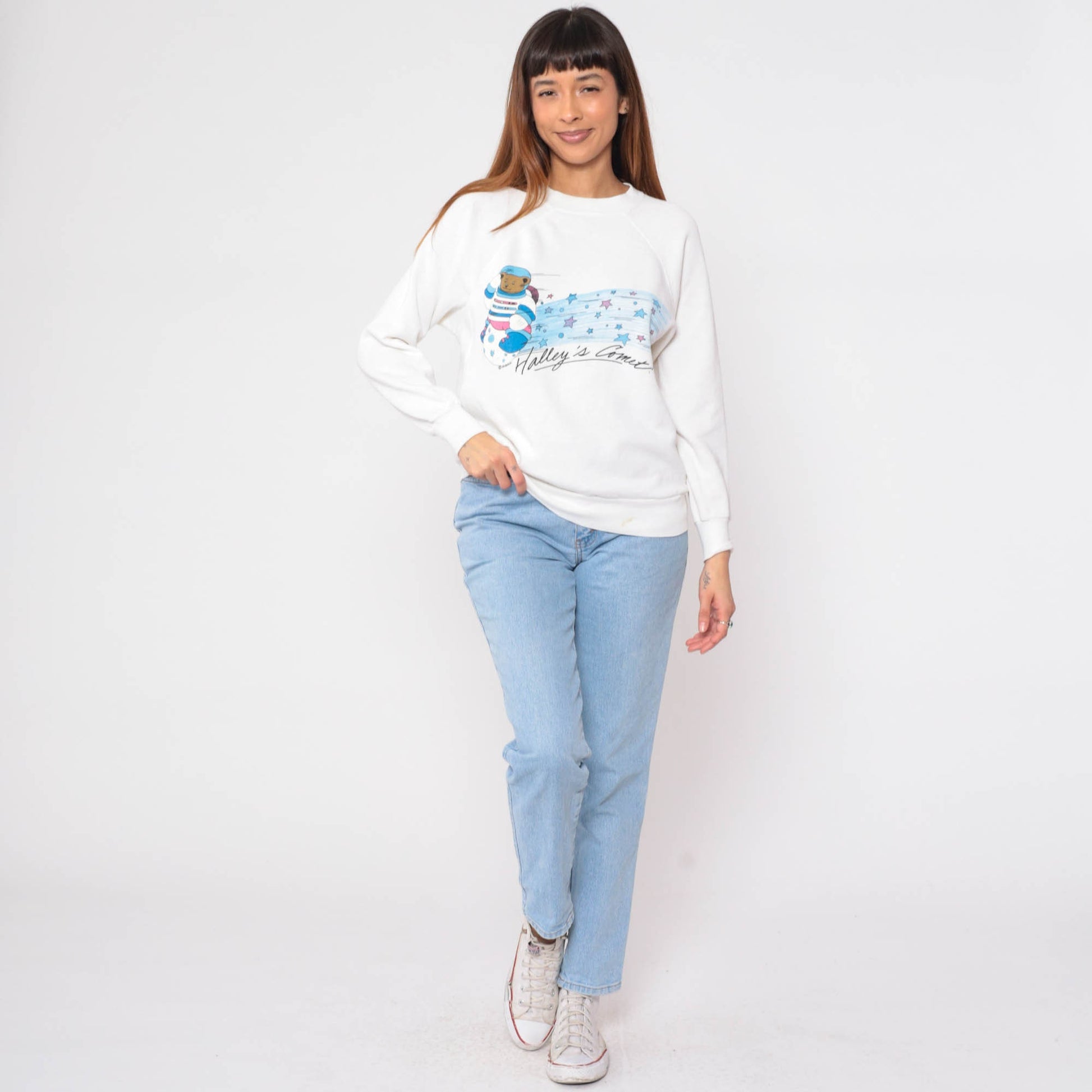 80s Halley's Comet Teddy Bear Astronaut Sweatshirt Raglan Crewneck Large L