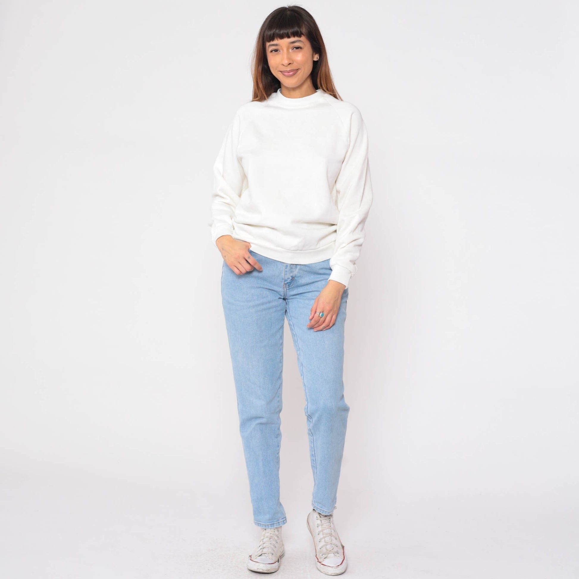 80s Jerzees White Raglan Sweatshirt Crewneck Plain Pullover Extra Small