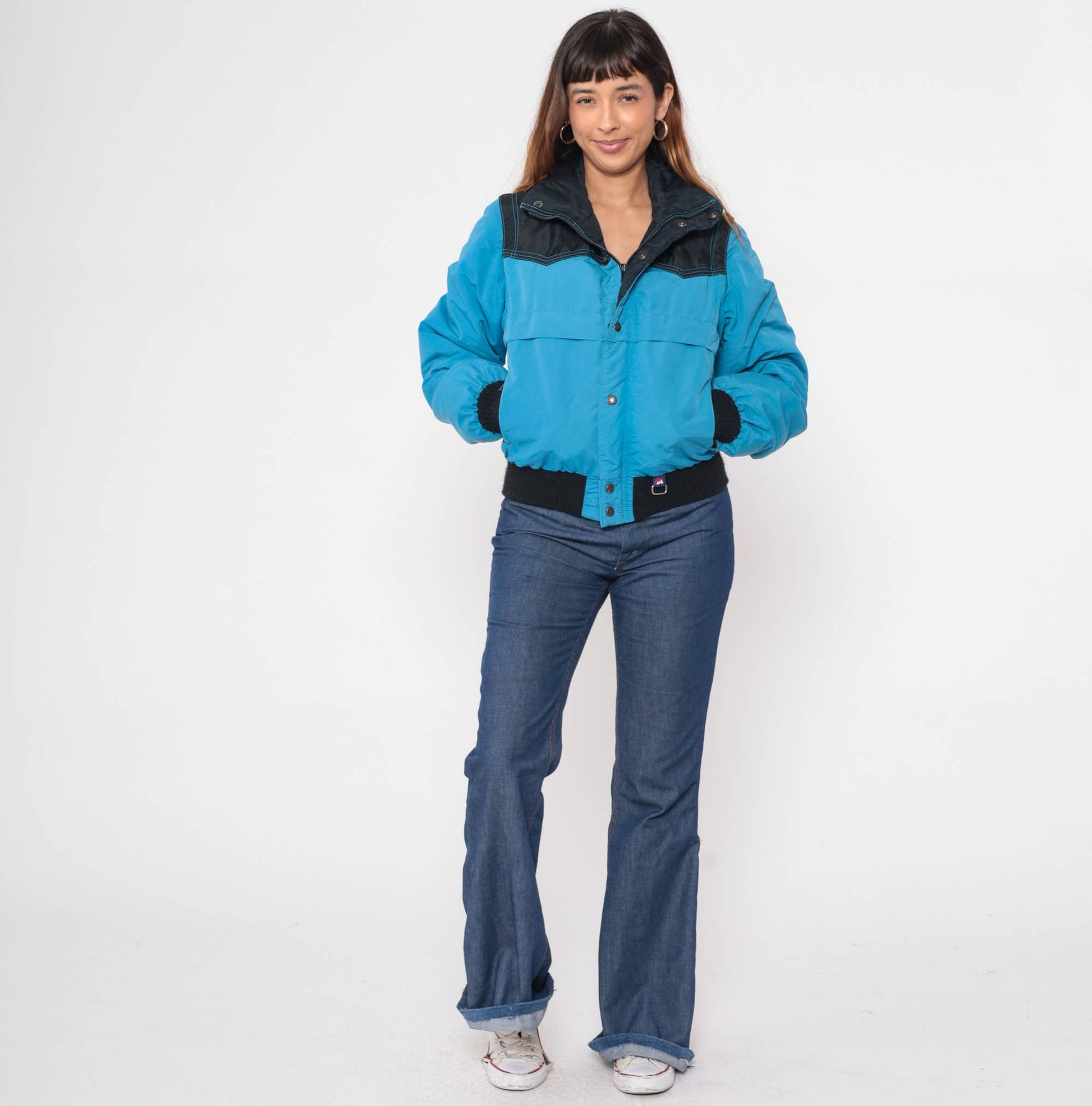 80s White Mountain Puffer Ski Jacket Blue Black Convertible Zip Sleeve Large