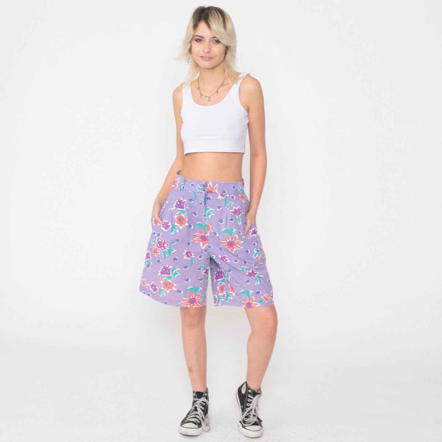90s Lavender Polka Dot Floral Shorts High Waist Pleated Cotton Small