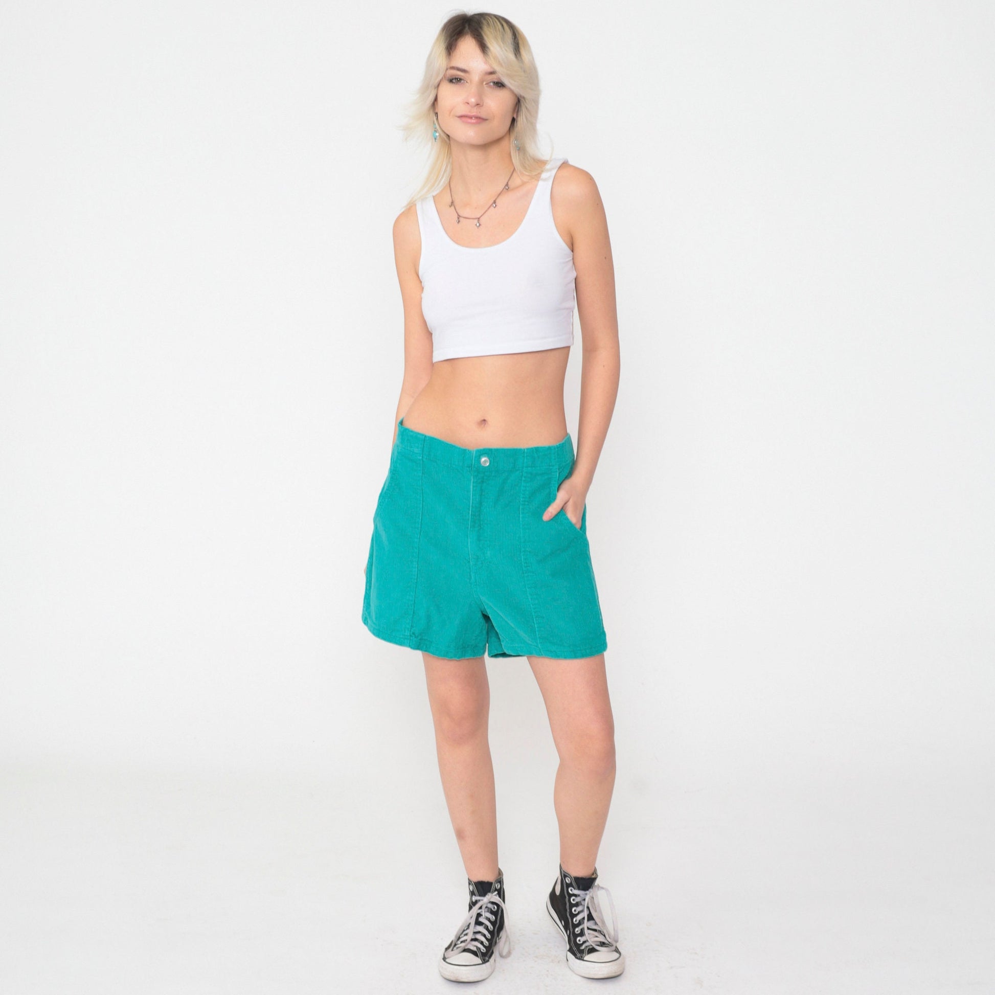 80s Green Corduroy Shorts High Waist Patch Pockets Elastic Back Medium