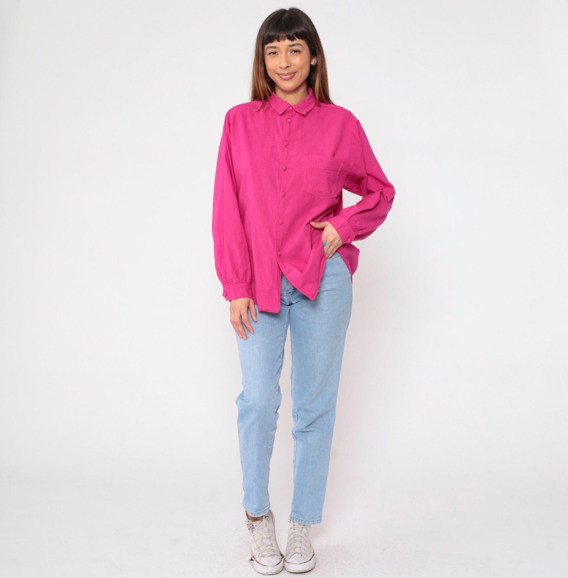 90s Fuchsia Cotton Button-Up Shirt Long Sleeve Collared Small
