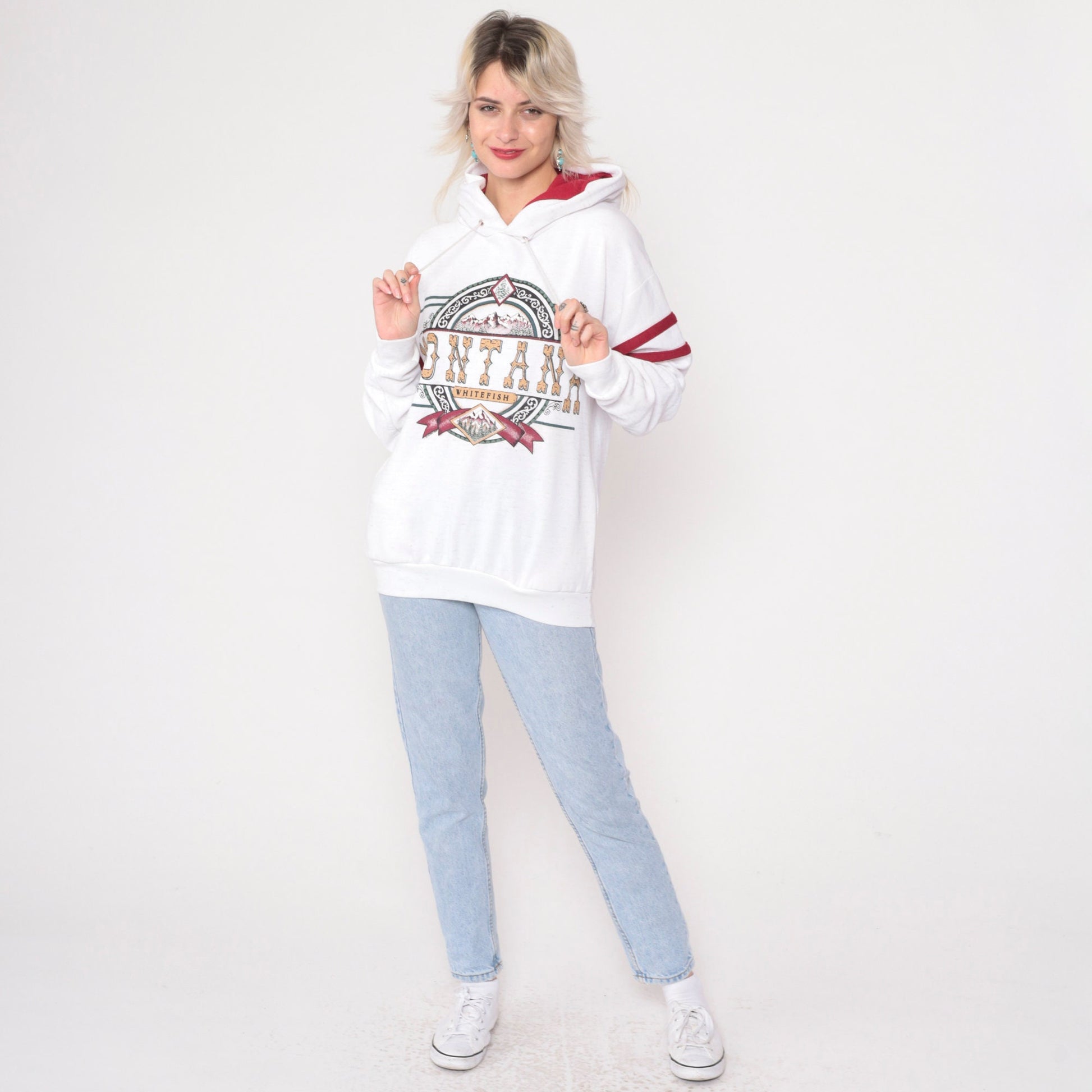 90s Whitefish Montana Hooded Sweatshirt White Graphic Pullover Medium
