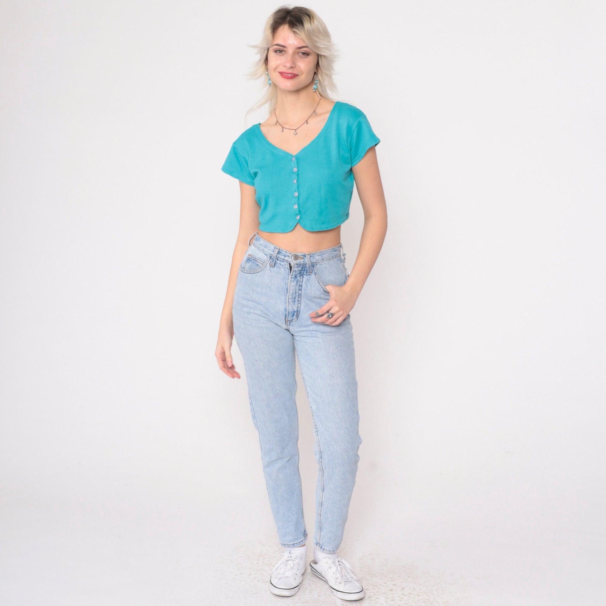 90s Turquoise Crop Top Button Up Blouse Short Sleeve Small Medium