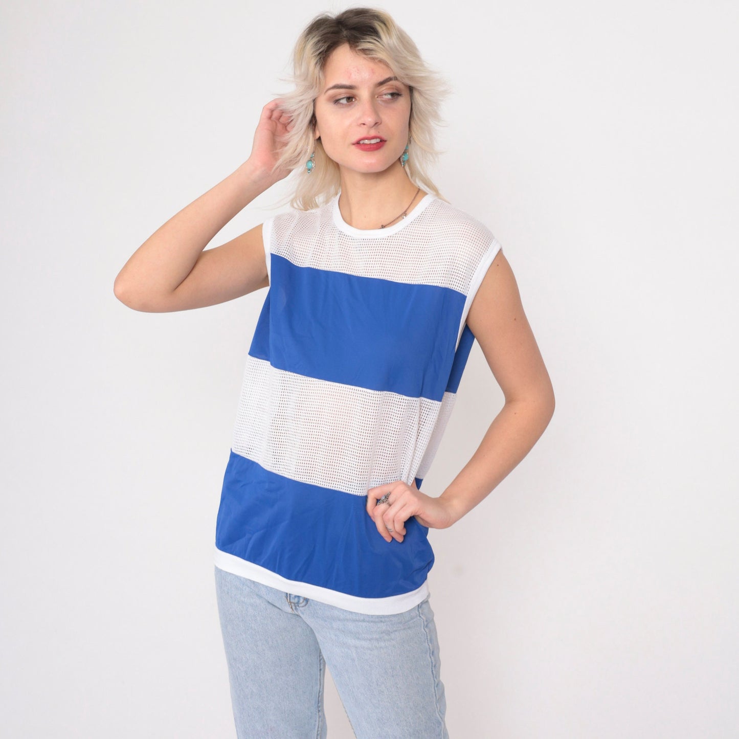 80s Indy Knit Mesh Tank Top Color Block Blue White Sleeveless Medium