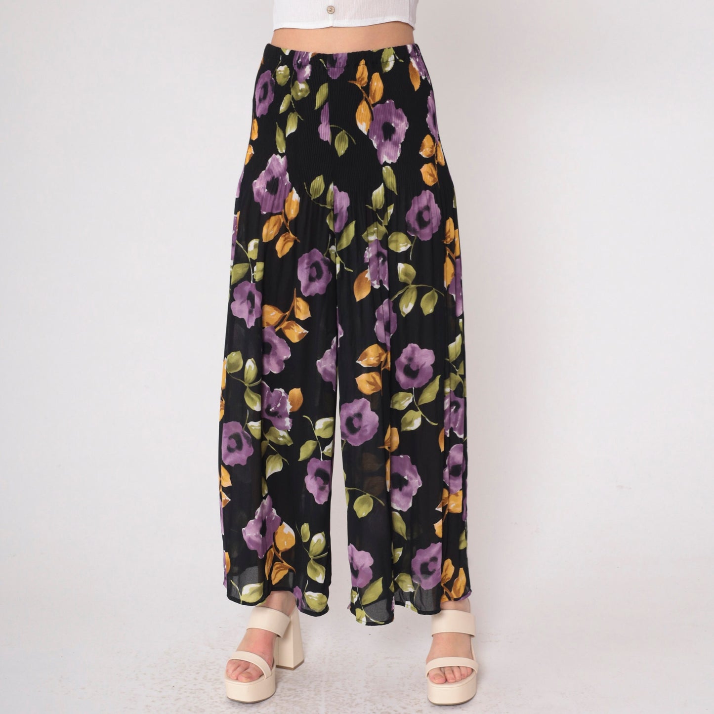 90s Black Floral Palazzo Pants Semi-Sheer High Waist Pleated Wide Leg Small