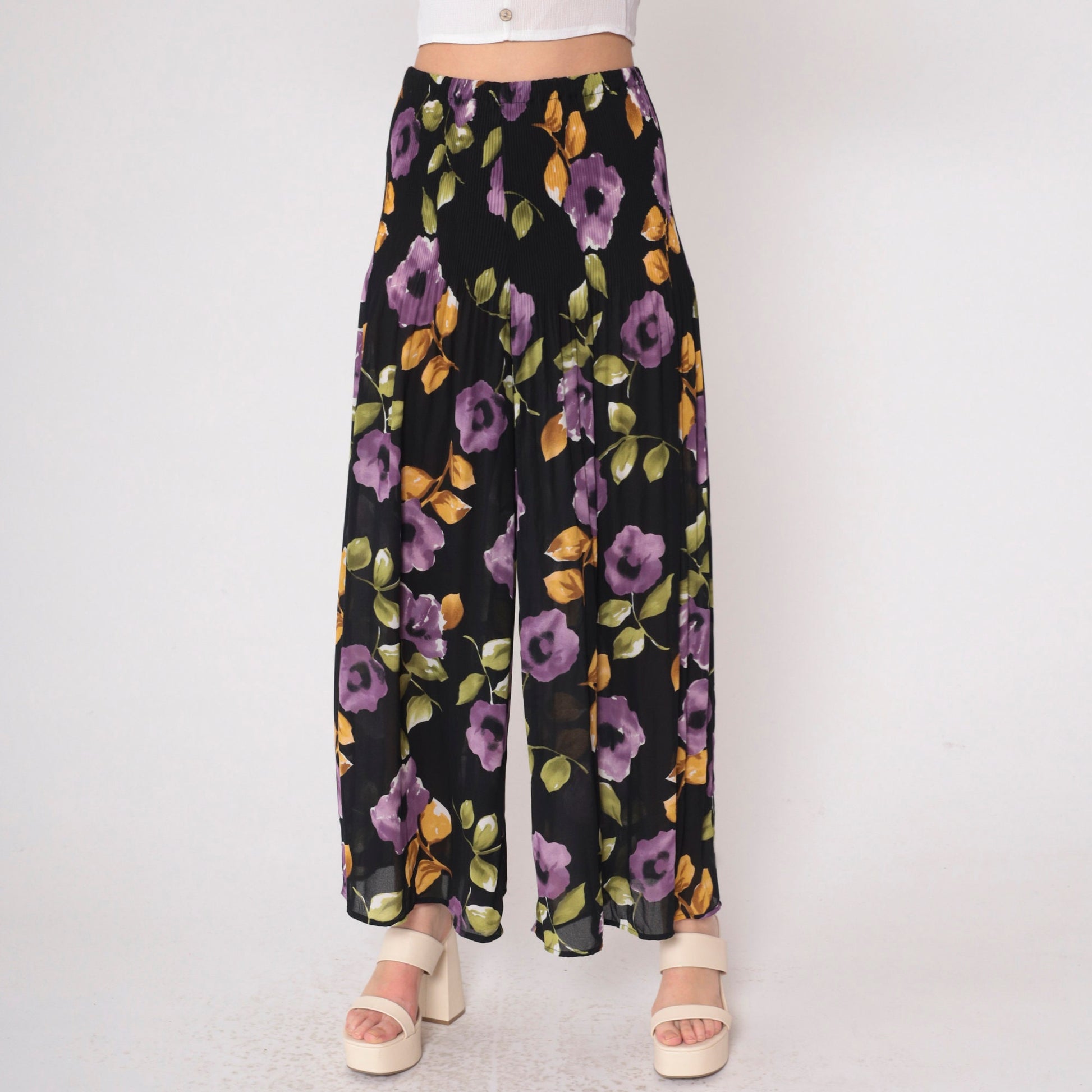90s Black Floral Palazzo Pants Semi-Sheer High Waist Pleated Wide Leg Small