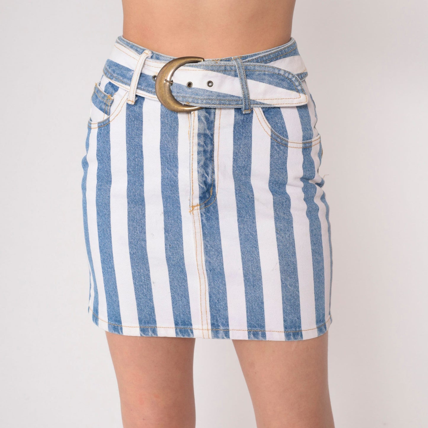 90s Paris Blues Striped Denim Mini Skirt High Waist Belt White Blue Extra Small