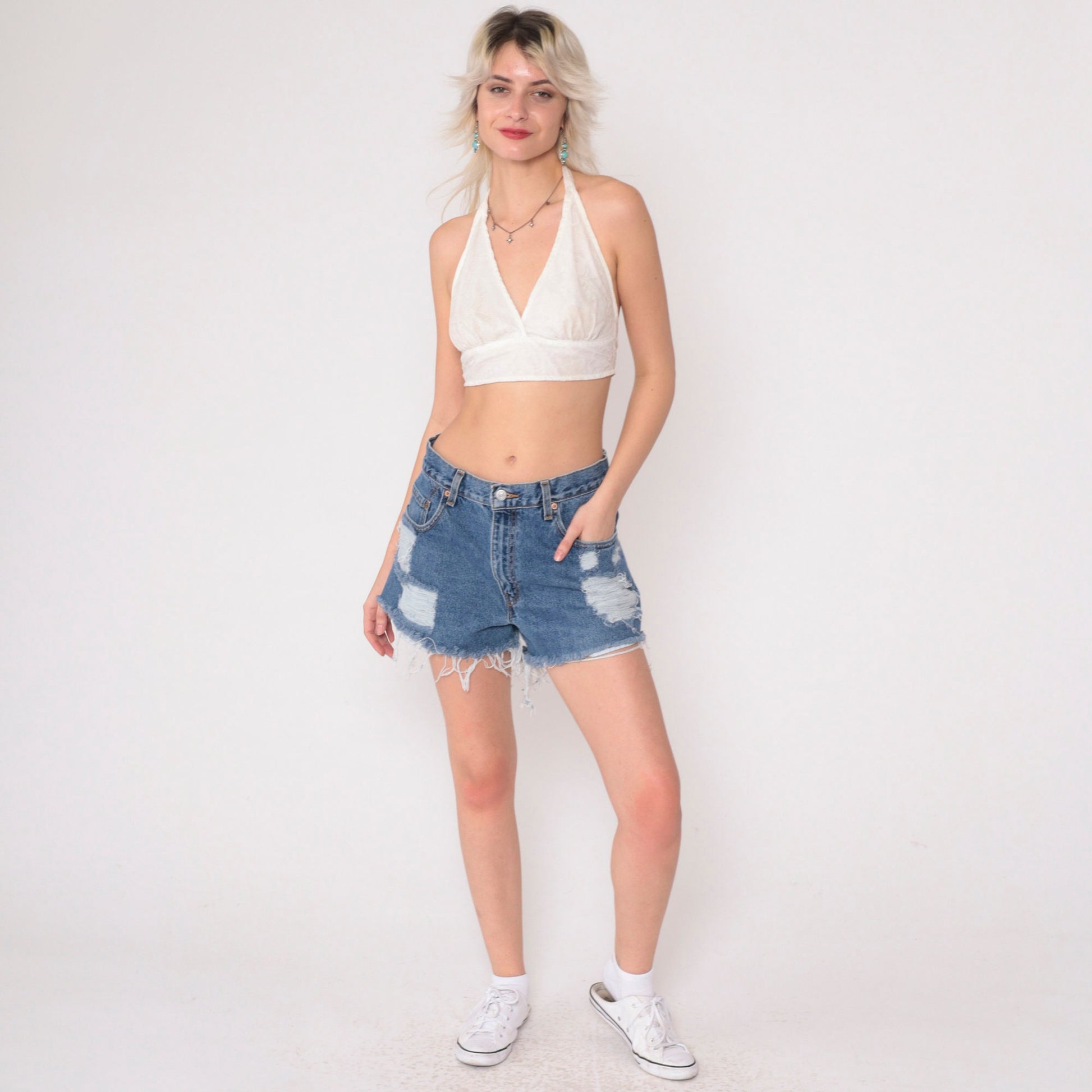 Y2K Levi's 560 High Rise Cutoff Jean Shorts Blue Distressed Medium 32