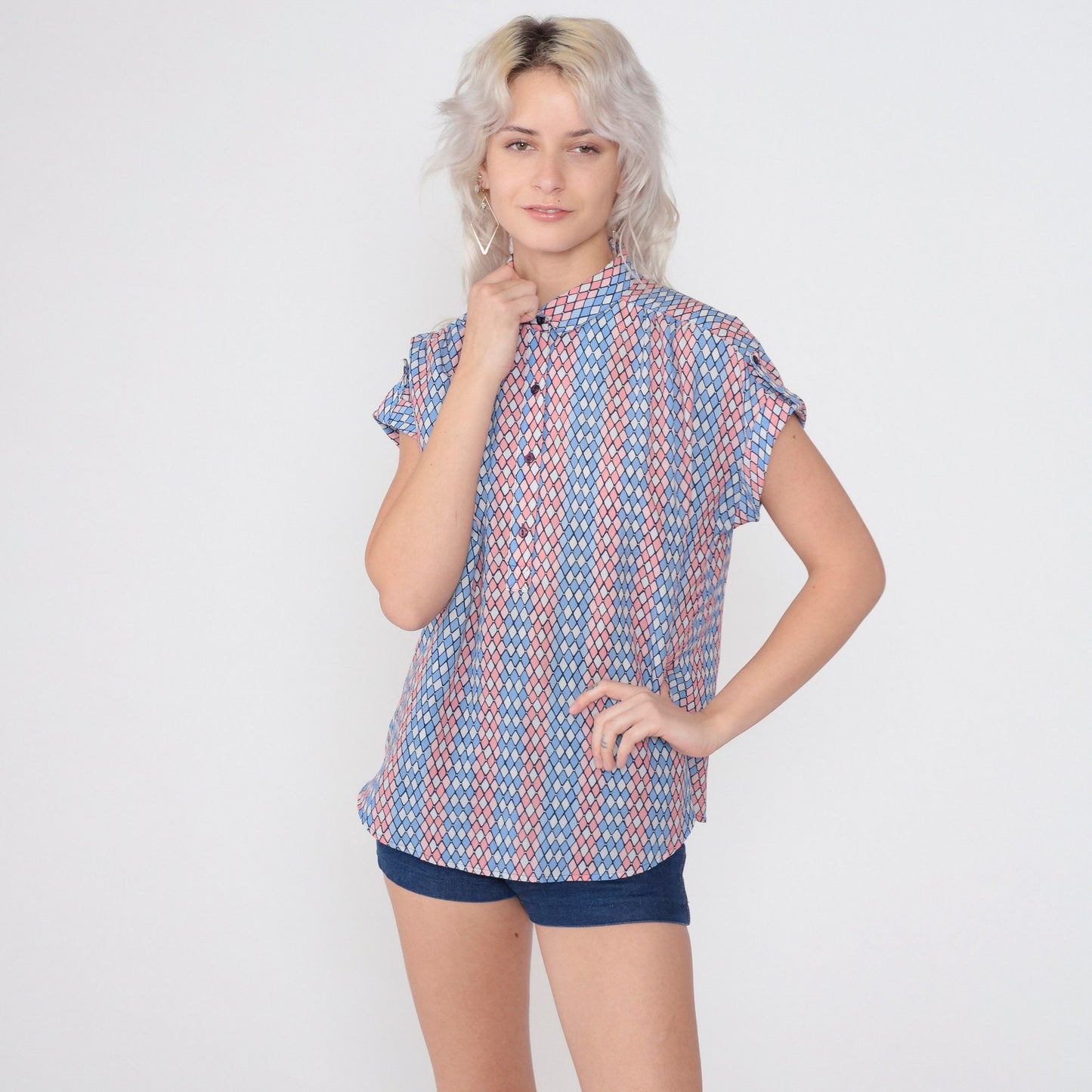 80s Diamond Print Half-Button Blouse Pink Blue White Cap Sleeve Medium M