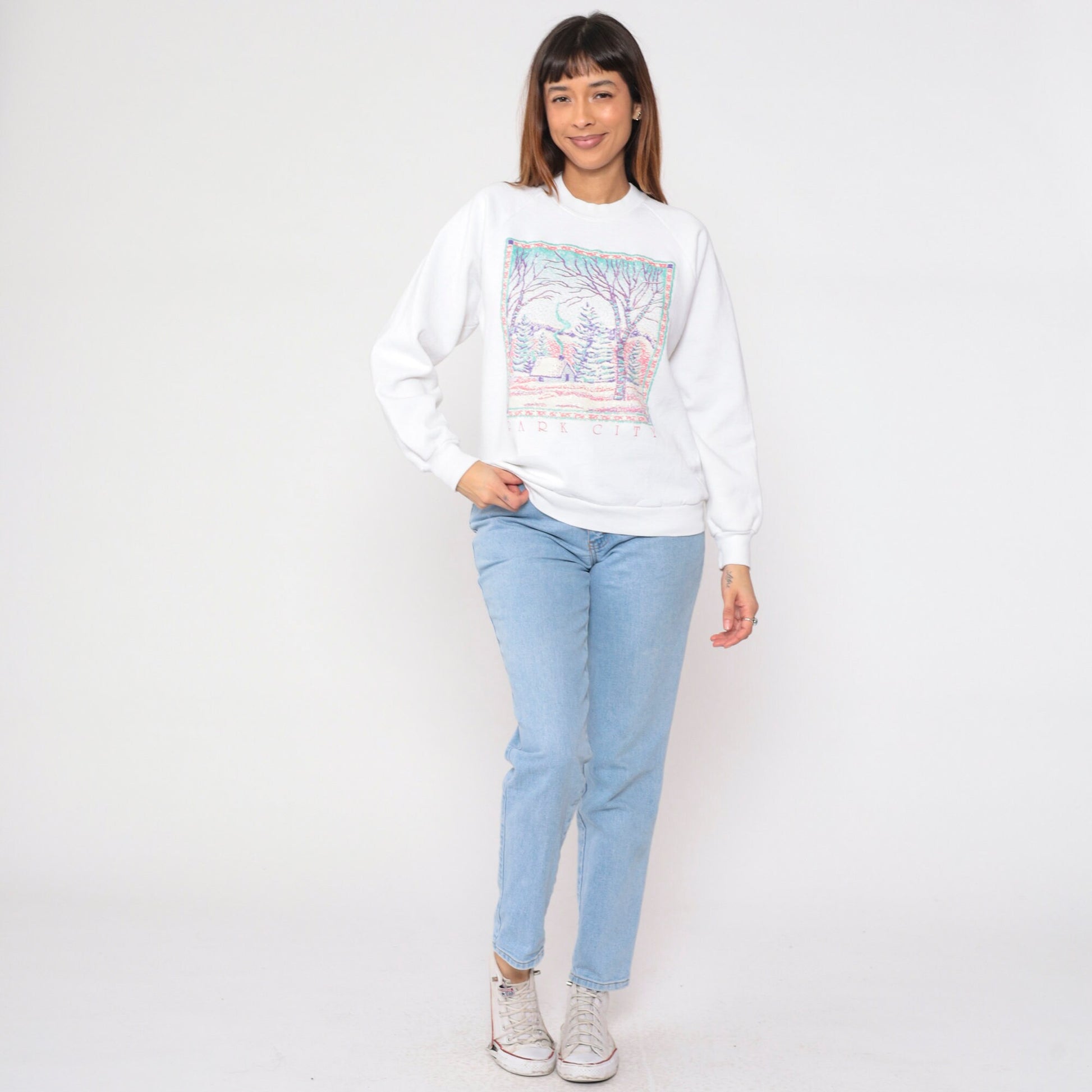 90s Park City Utah Glitter Winter Cabin Sweatshirt White Crewneck Large L