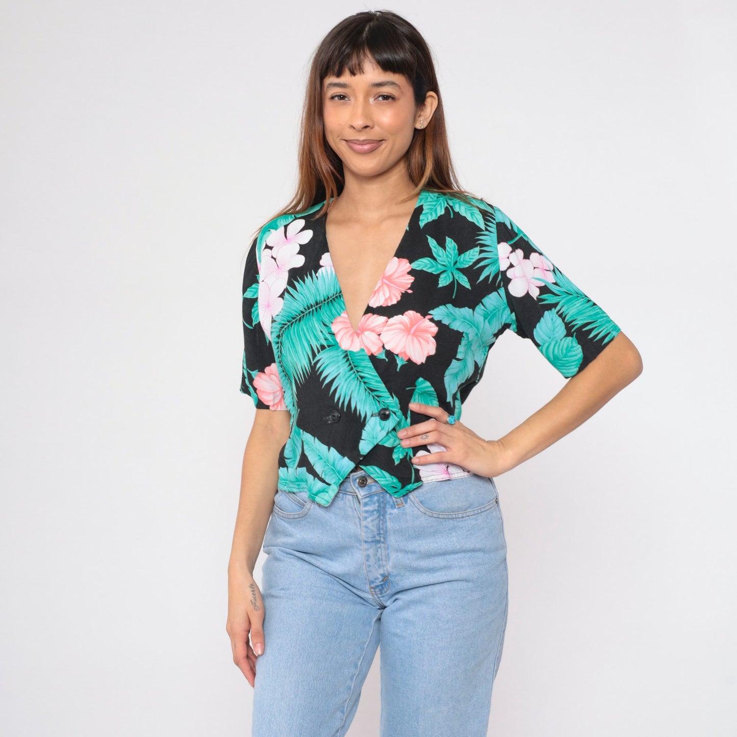90s Black Tropical Floral Crop Top Double Breasted Blouse Medium M
