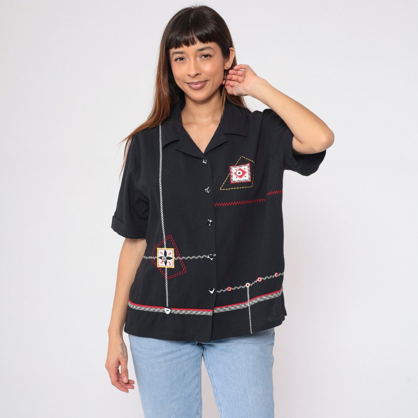 90s Koret Black Button-Up Blouse Abstract Embroidery Beaded Patch Large L