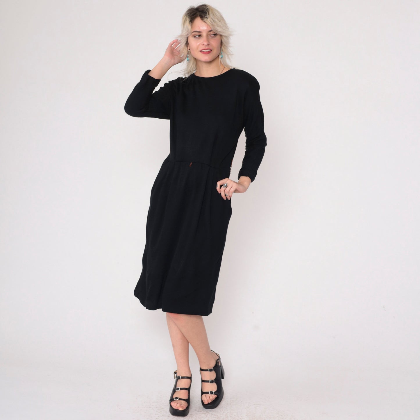 80s Black Midi Dress High Waist Pleated Pockets Long Sleeve Medium Large