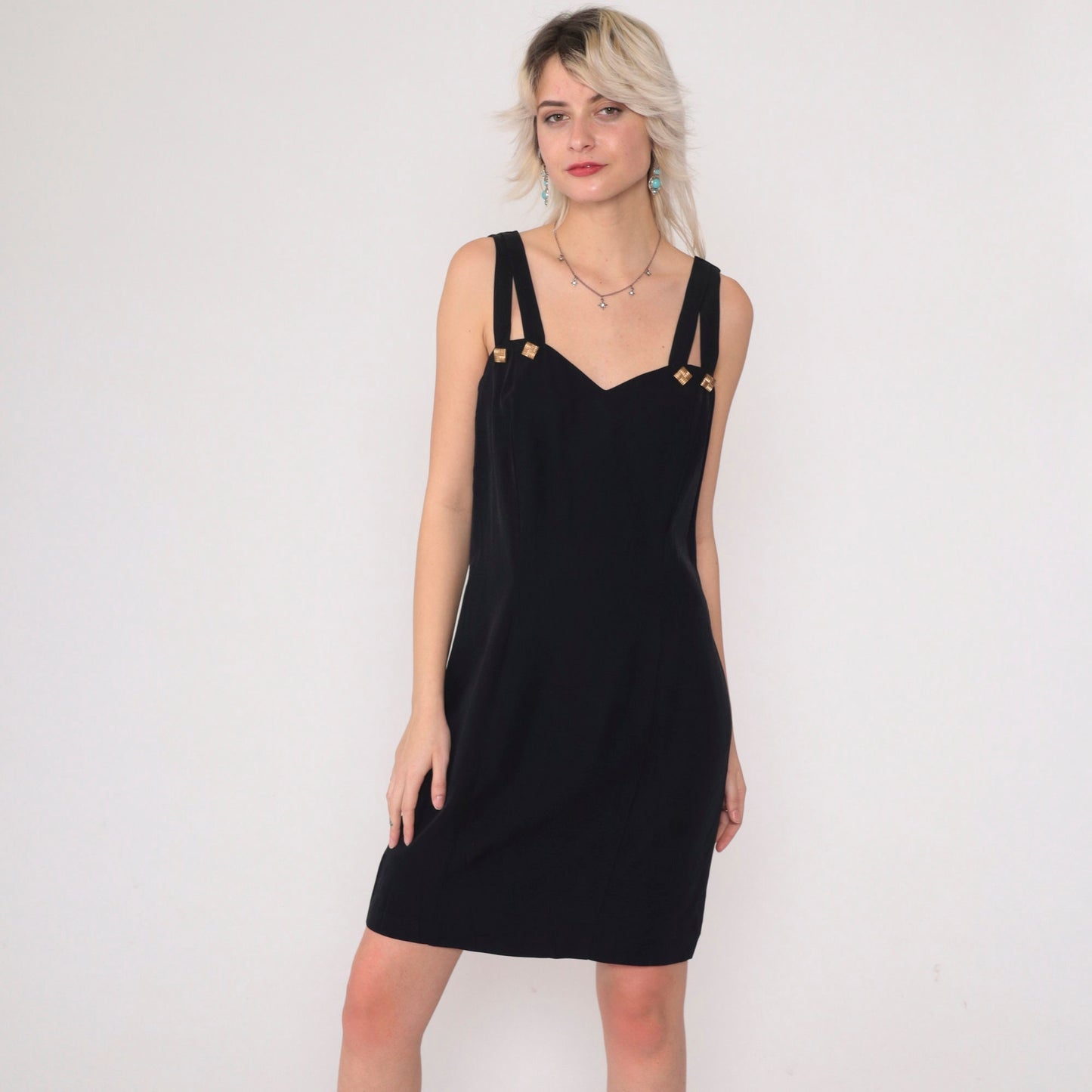 90s Black Mini Dress Sweetheart Neckline Keyhole Strappy Sheath Small