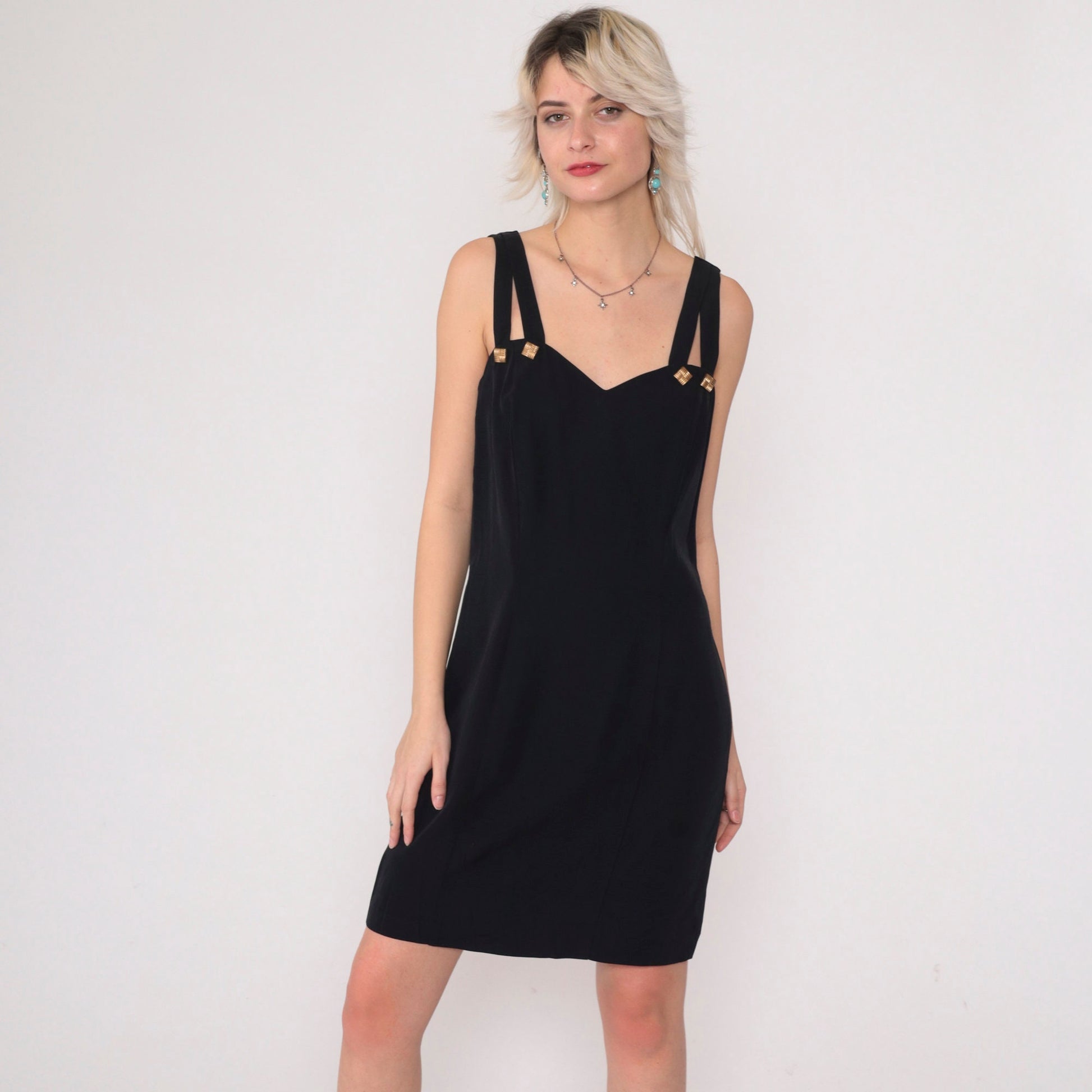 90s Black Mini Dress Sweetheart Neckline Keyhole Strappy Sheath Small