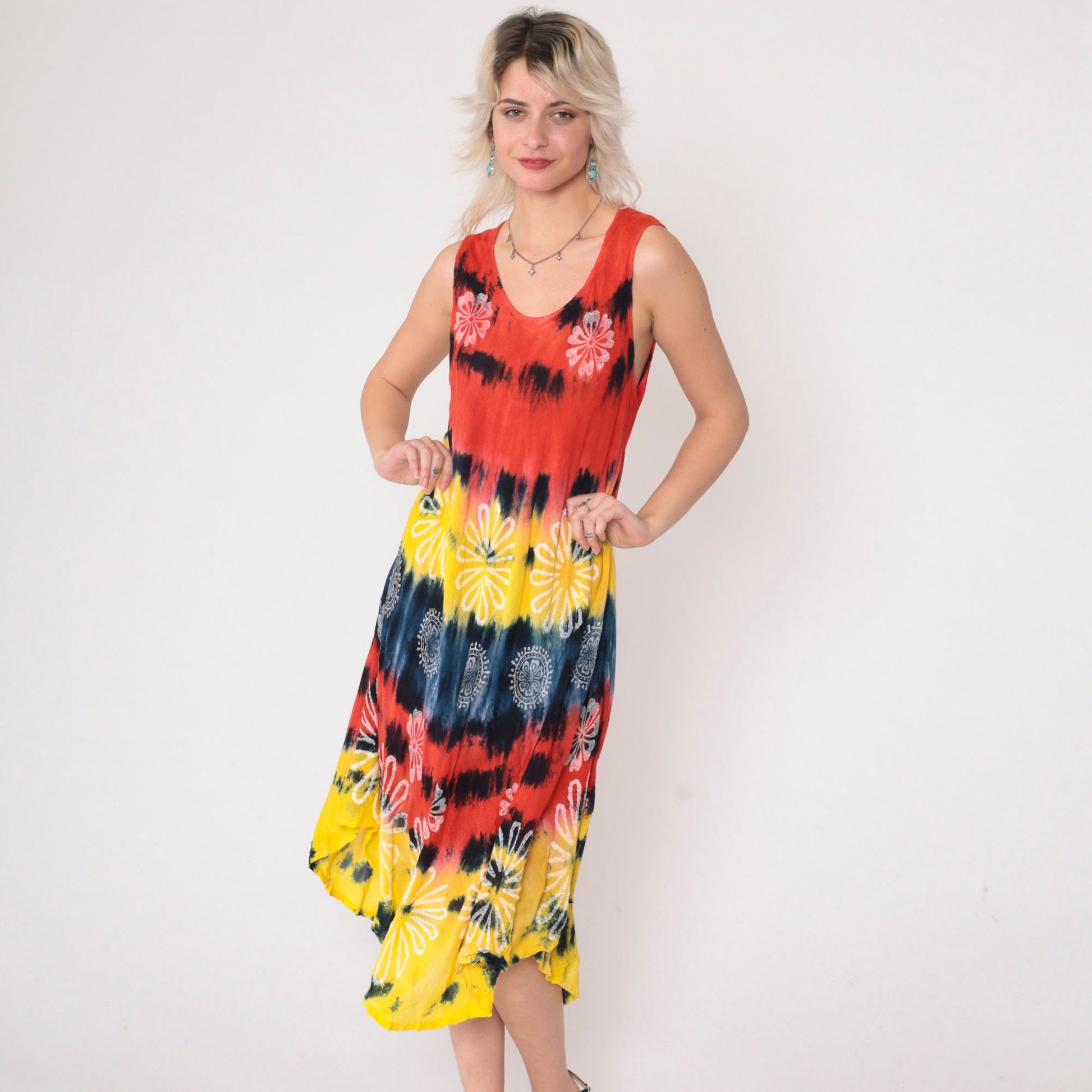 00s Tie Dye Floral Midi Dress Sleeveless Scoop Neck Waterfall Hem Small Medium