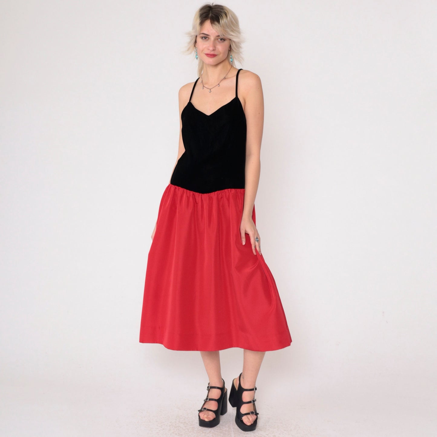 80s Velvet Colorblock Midi Dress Red Black Spaghetti Strap V Neck Medium
