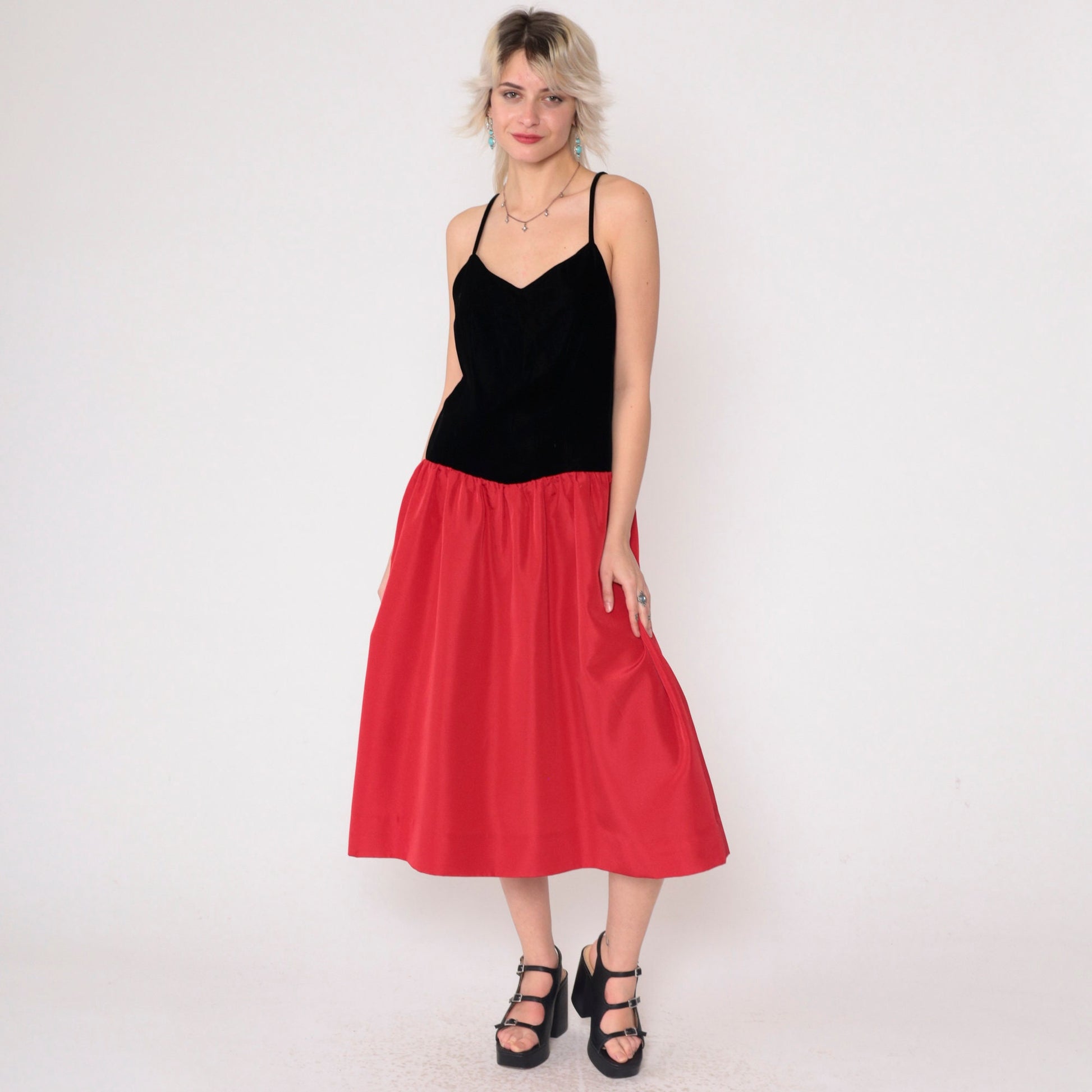 80s Velvet Colorblock Midi Dress Red Black Spaghetti Strap V Neck Medium