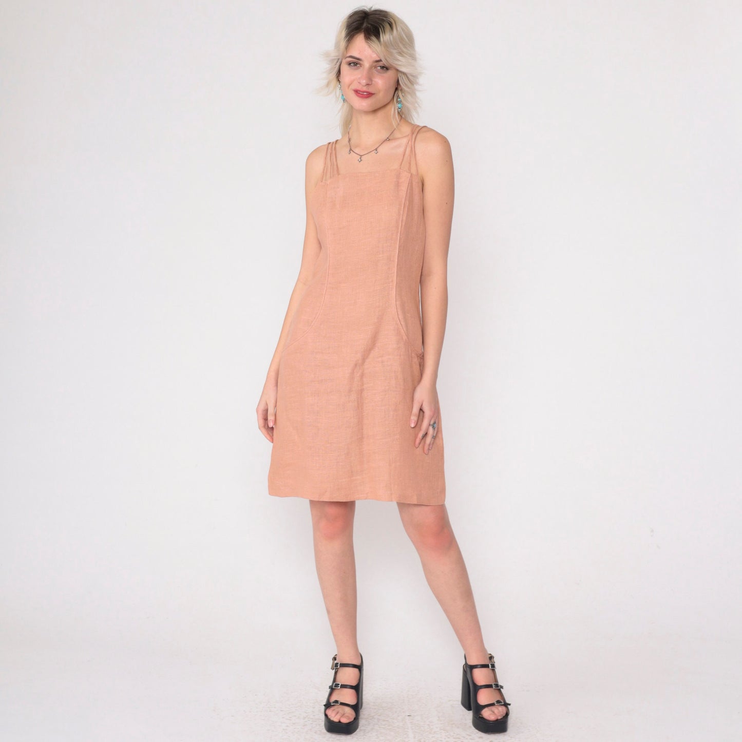 90s Muted Peach Linen Mini Dress Triple Spaghetti Strap Sheath Small