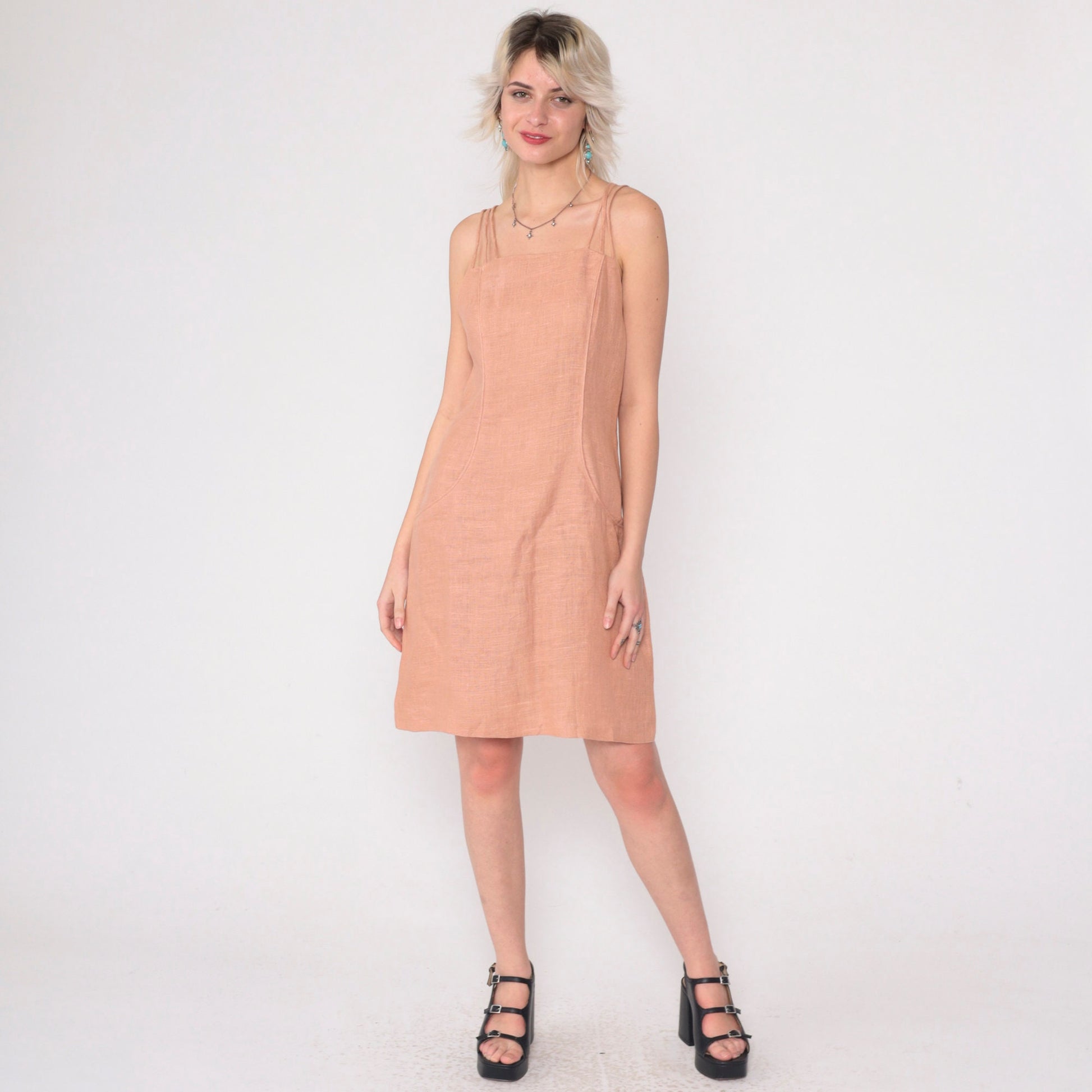 90s Muted Peach Linen Mini Dress Triple Spaghetti Strap Sheath Small