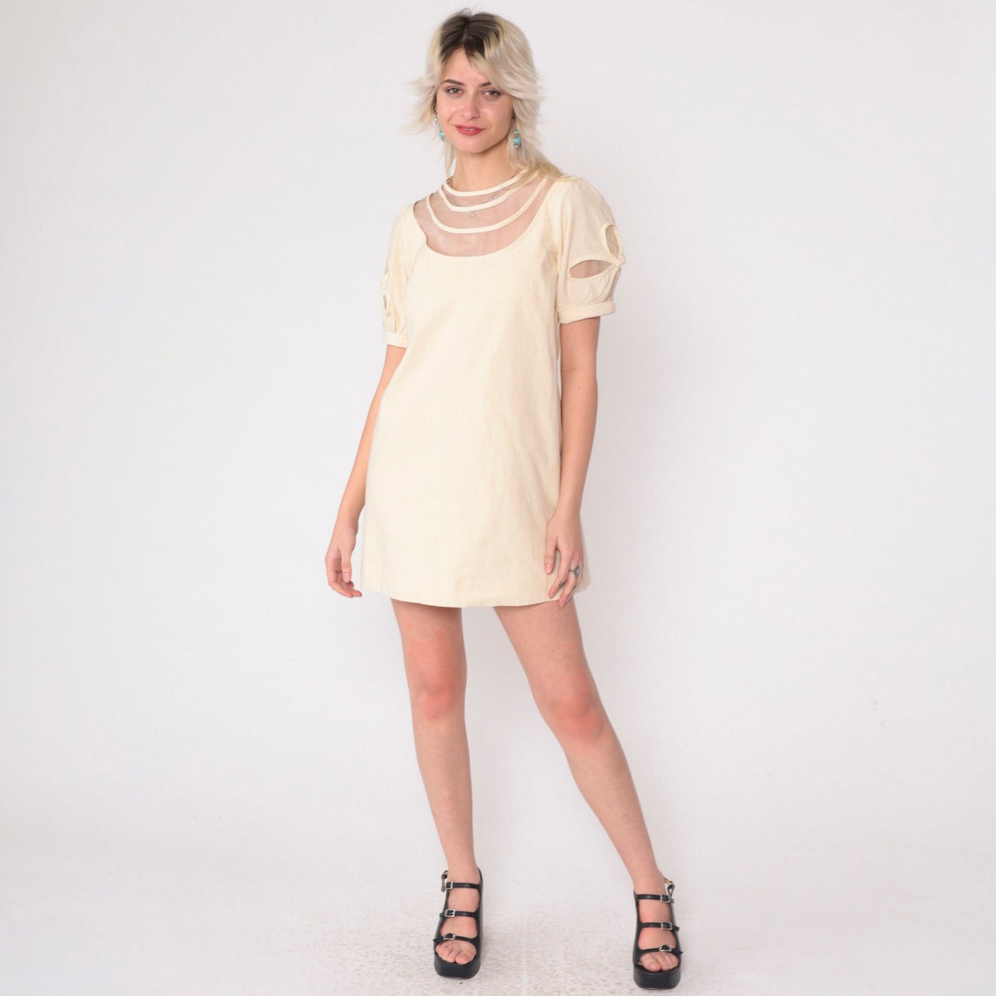 00s Cream Mini Dress Mesh Puff Sleeve Cutout Illusion Neckline Small S