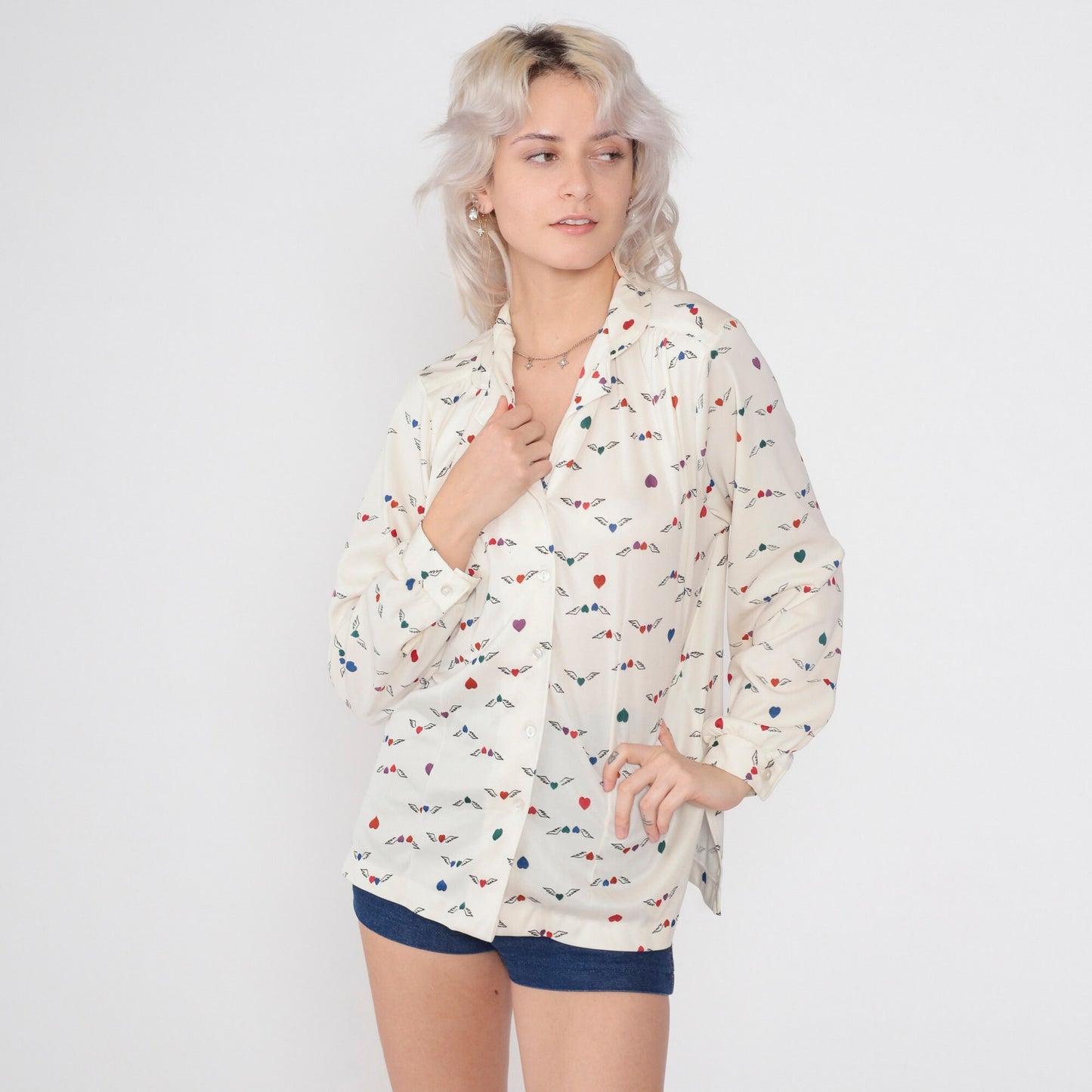 70s Winged Heart Print Button-Up Blouse Off-White Long Sleeve Collared Large