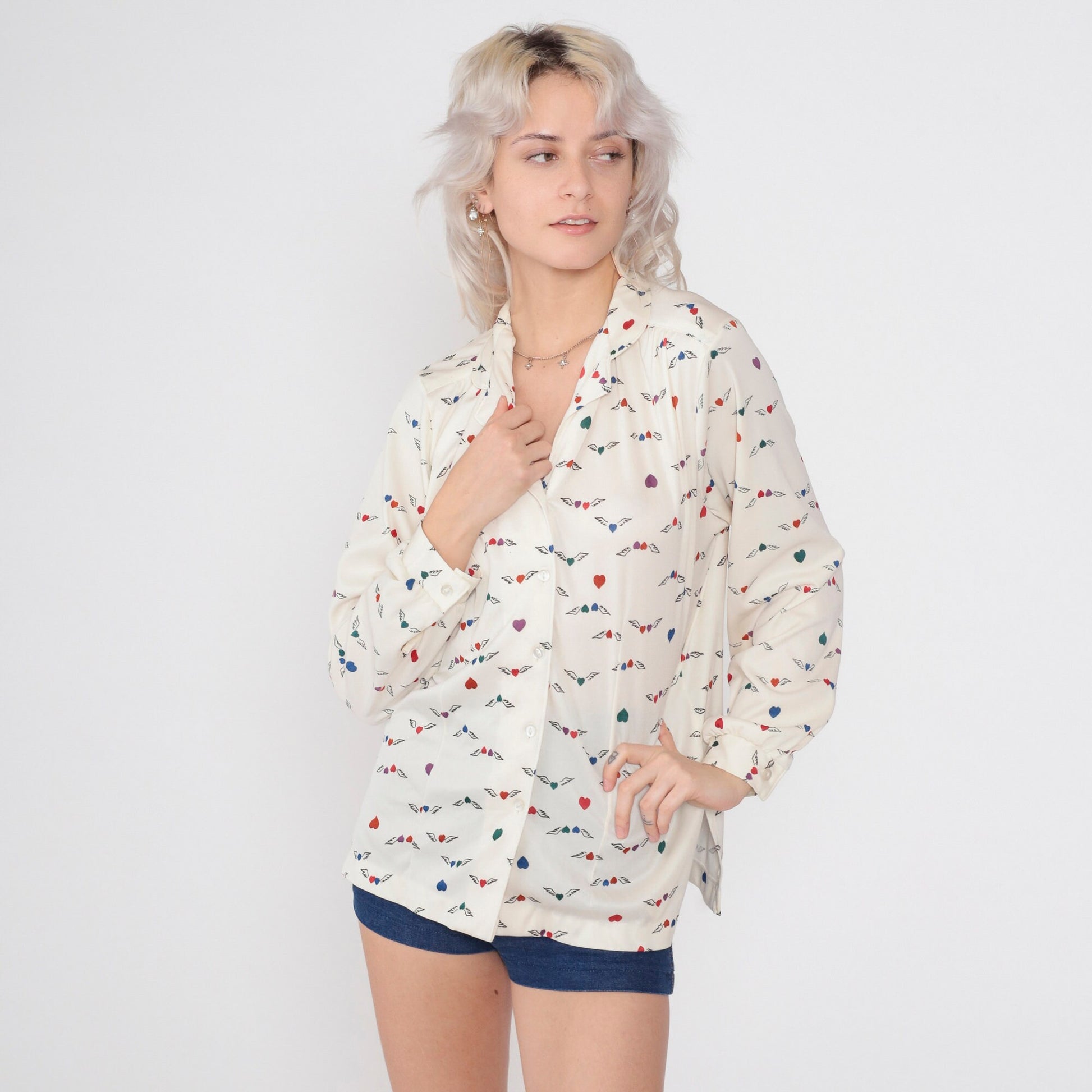 70s Winged Heart Print Button-Up Blouse Off-White Long Sleeve Collared Large
