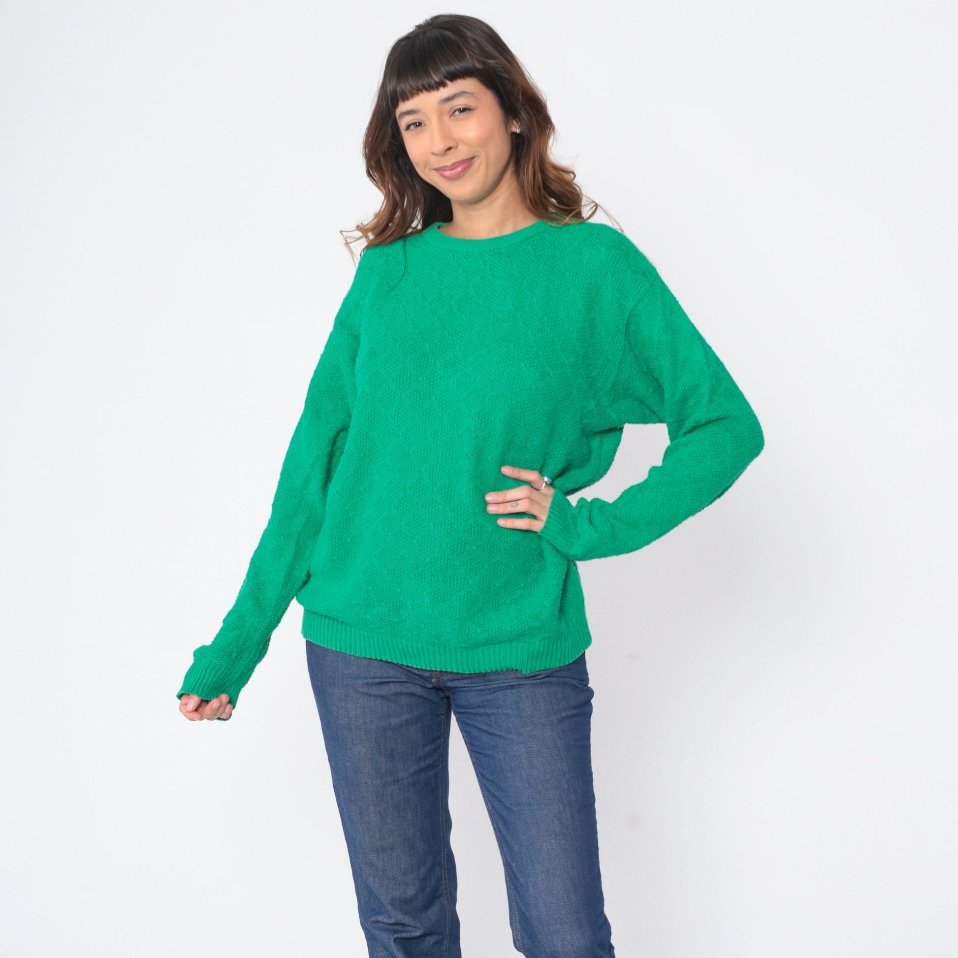 80s Talbots Diamond Knit Sweater Green Crewneck Pullover Large L