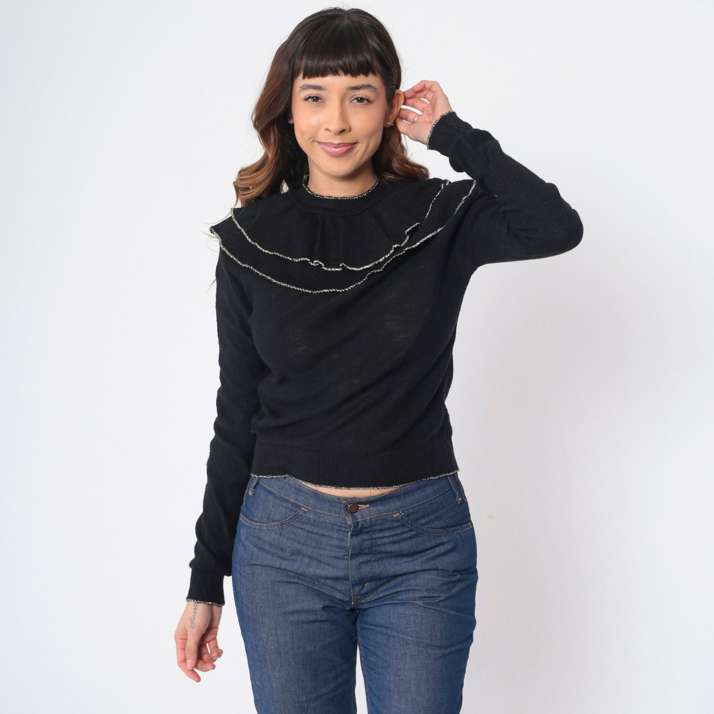 70s Black Sweater Double Bertha Collar Silver Metallic Trim Knit Pullover Extra Small