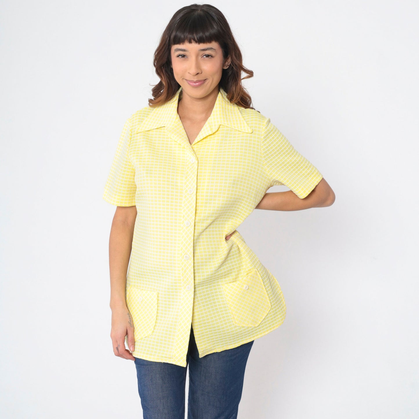 70s Yellow Checkered Button-Up Blouse Dagger Collar Short Sleeve Large L