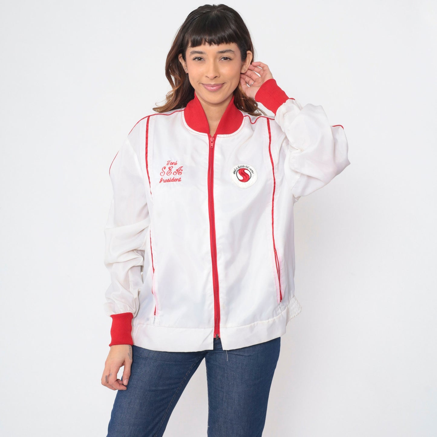 80s SEA President Toni Windbreaker Jacket White Red Striped Extra Large XXL