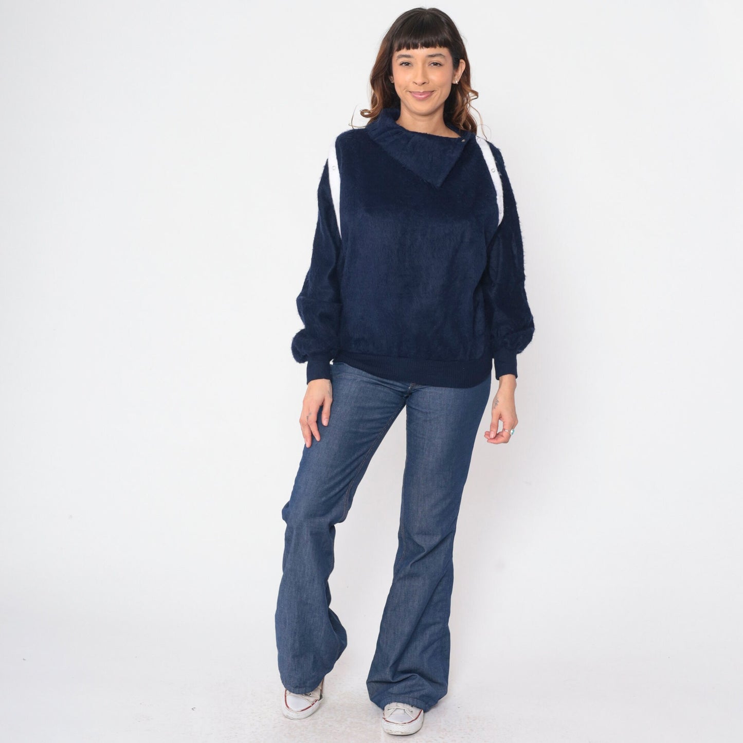 80s Navy Shaggy Fleece Sweatshirt Asymmetrical Shawl Collar Snap Pullover Small