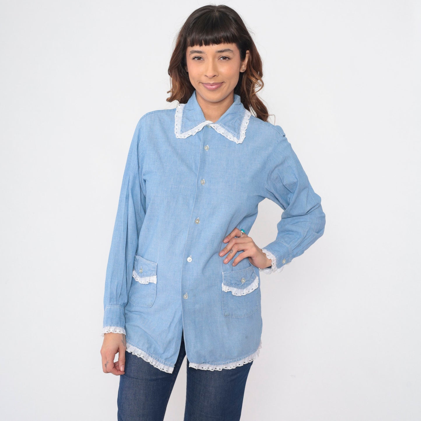 70s Lee Raggedy Ann Chambray Button-Up Blouse Blue Eyelet Lace Medium