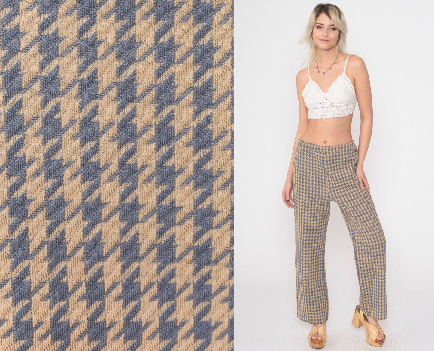 70s Houndstooth Flared Trousers High Waist Grey Tan Checkered Small Medium