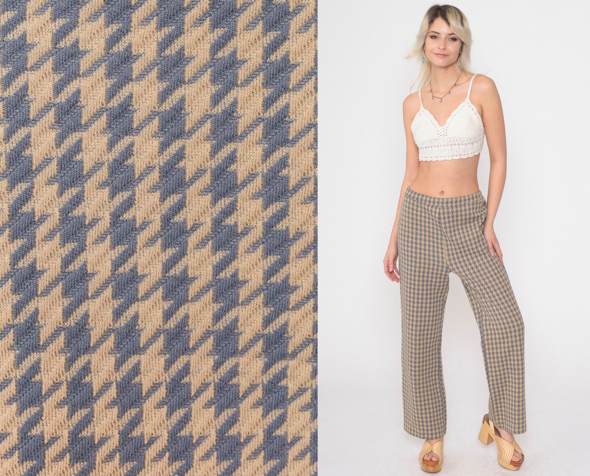 70s Houndstooth Flared Trousers High Waist Grey Tan Checkered Small Medium