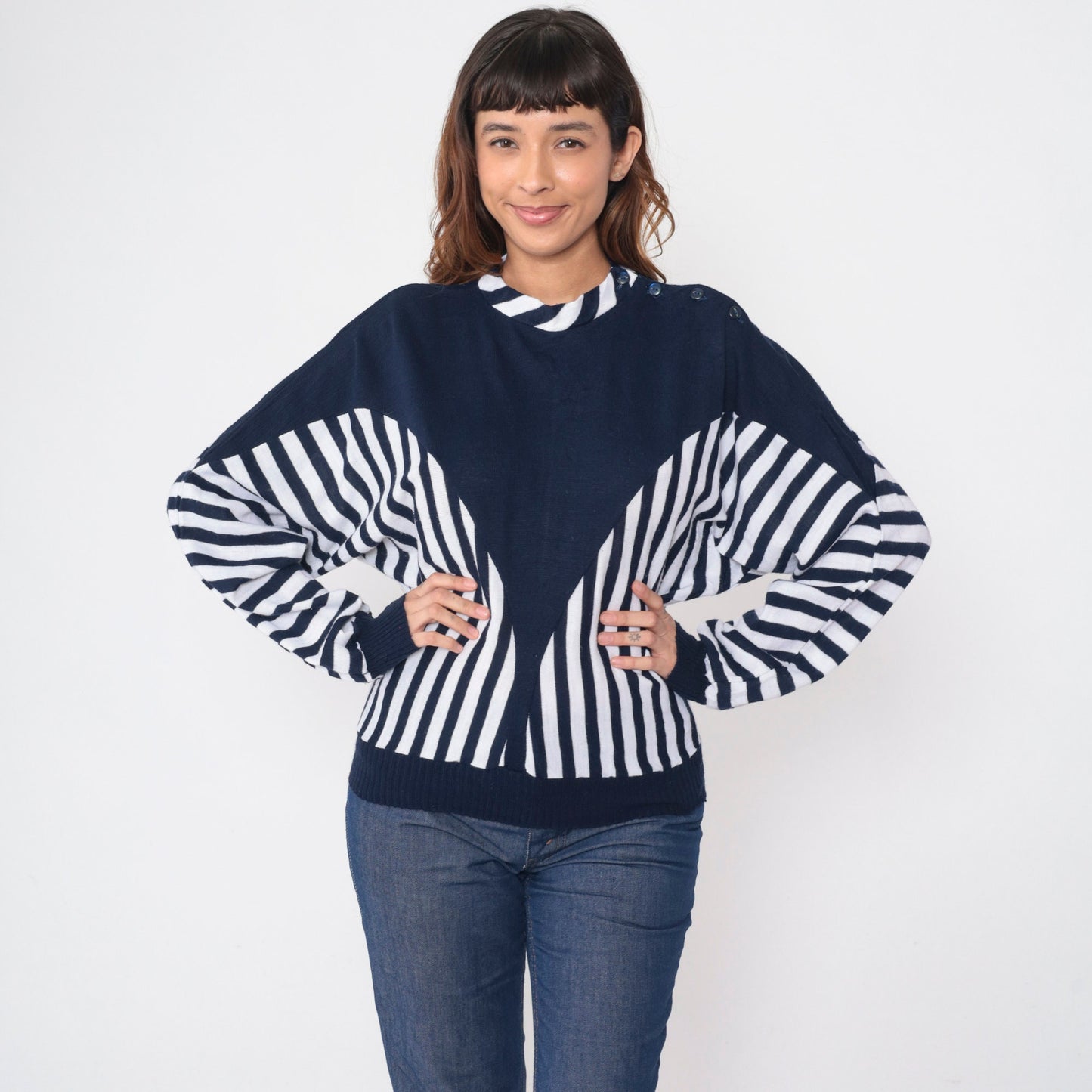 80s Clo Clo Striped Colorblock Knit Sweater Blue White Dolman Sleeve Small Medium