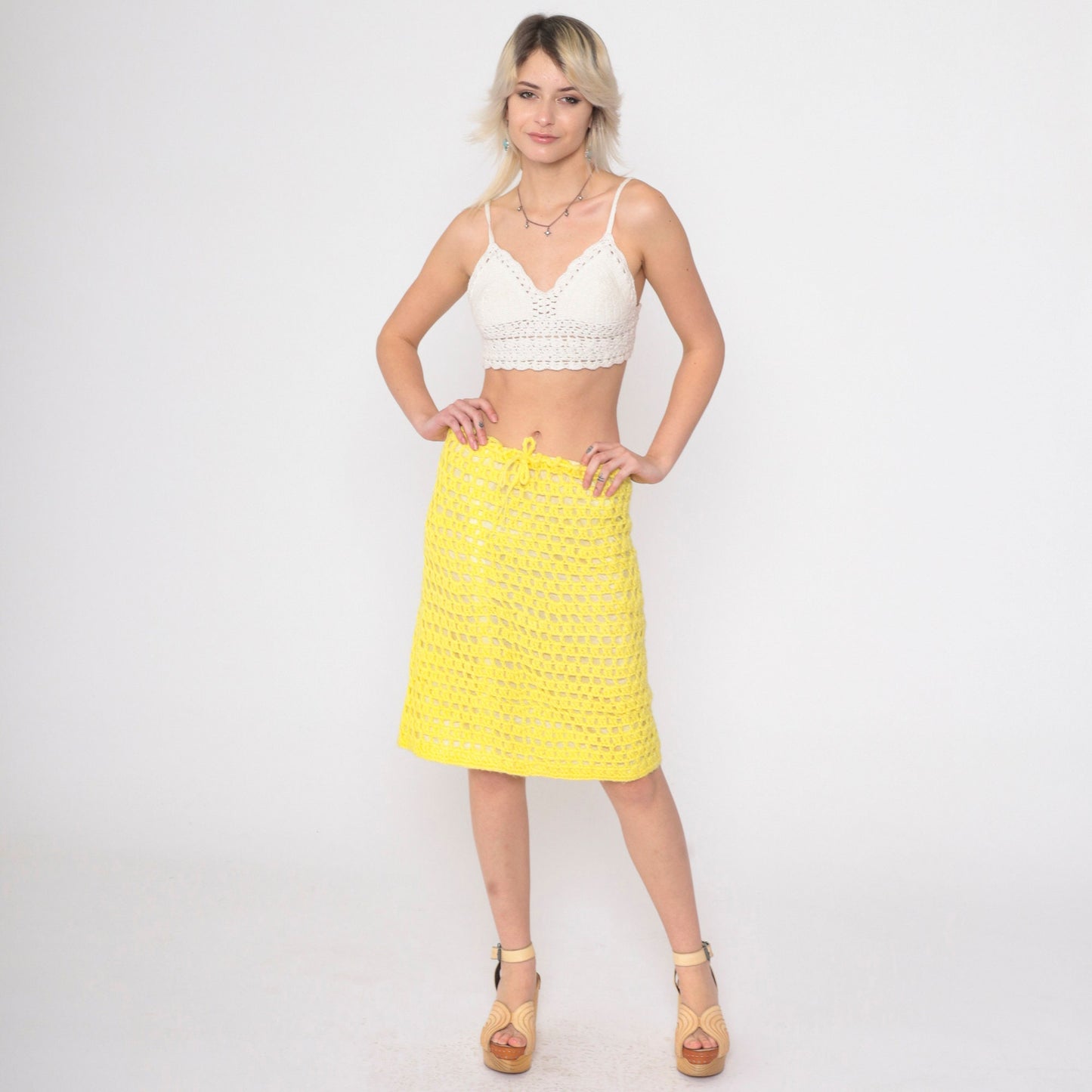 70s Yellow Crochet Midi Skirt High Waisted Open Weave Drawstring Small