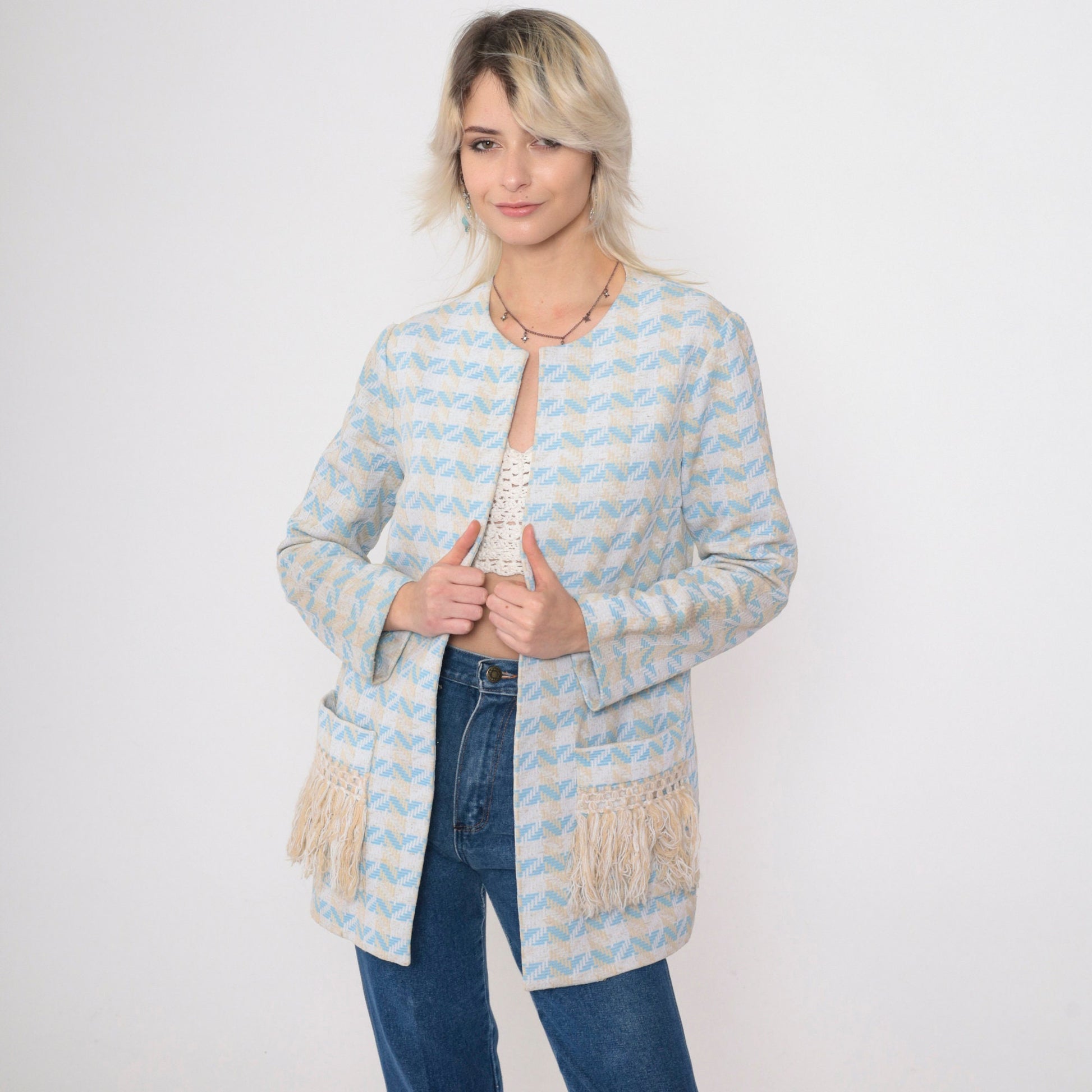 70s Nardis of Dallas Baby Blue Checkered Chevron Open Front Jacket Small Medium